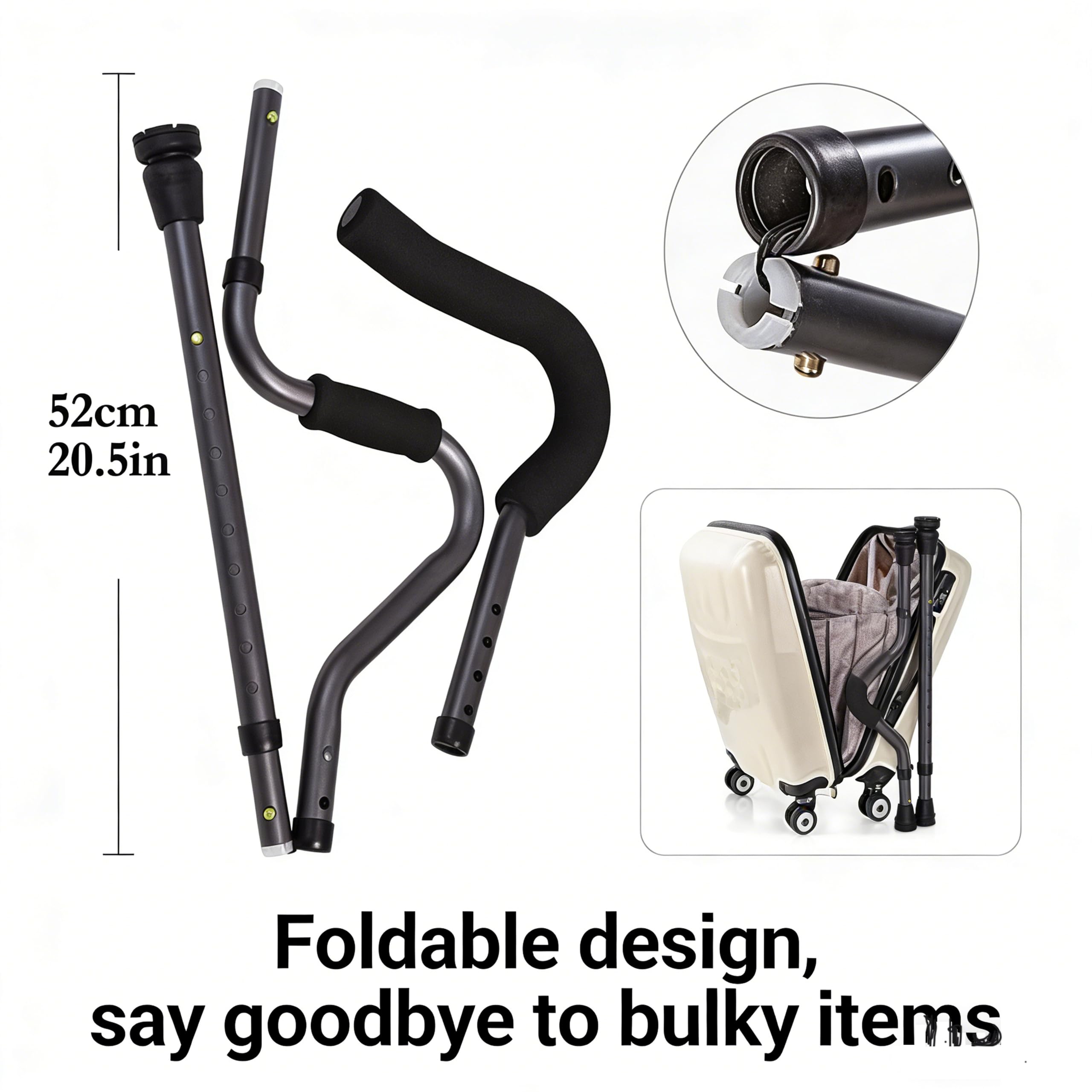 Regulowane składane aluminiowe kule do chodzenia, ergonomiczne podparcie pod pachami z piankowym uchwytem, regulacja wysokości 73,5-96,5 cm, konstrukcja typu S dla mężczyzn, kobiet, nastolatków