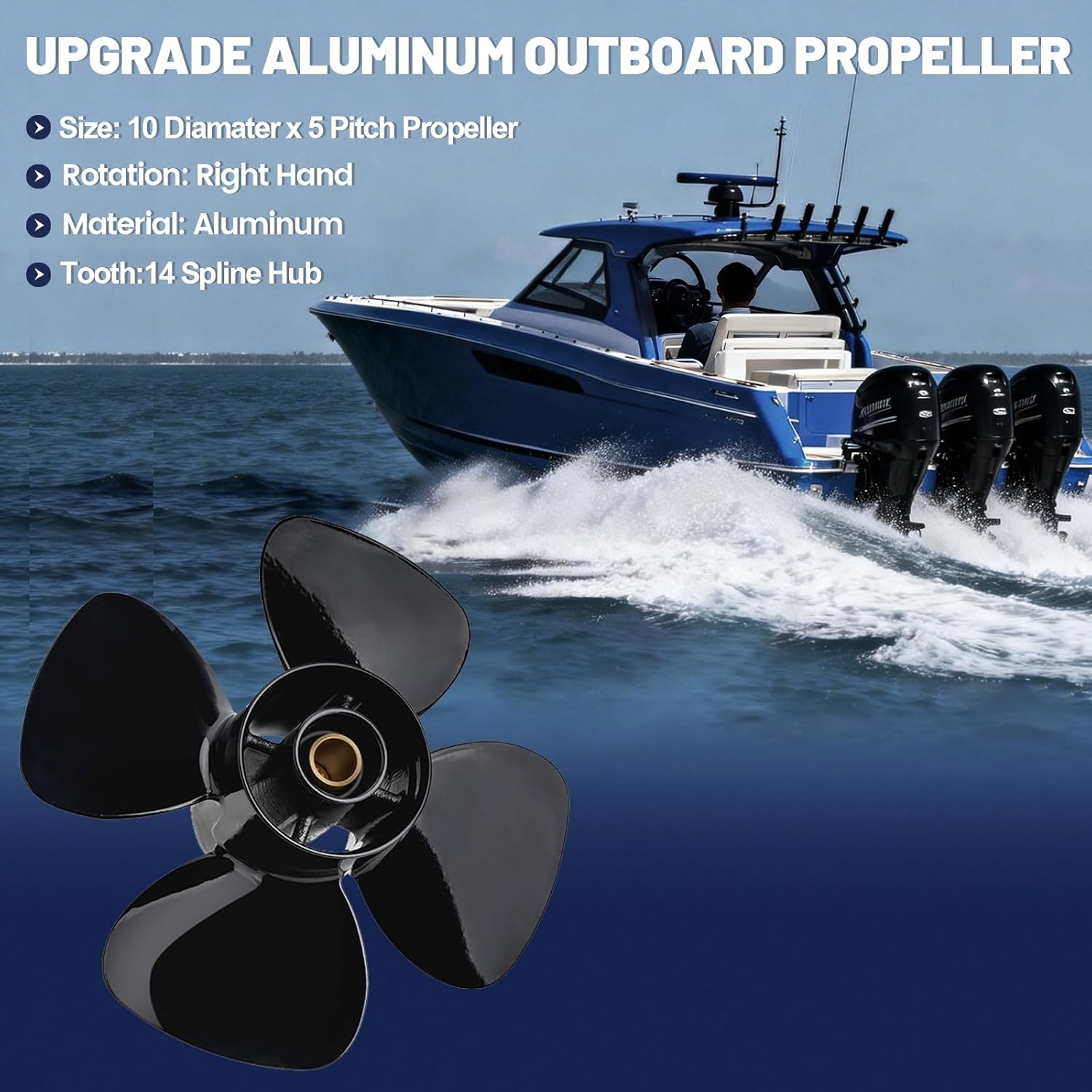 10 x 5 Upgrade OEM Aluminum Outboard Boat Propeller Compatible fit Mercury/Tohatsu Engines 9.9-20 HP, High Thrust,14 Spline,4 Blades,RH,2 1/2" Gearcase