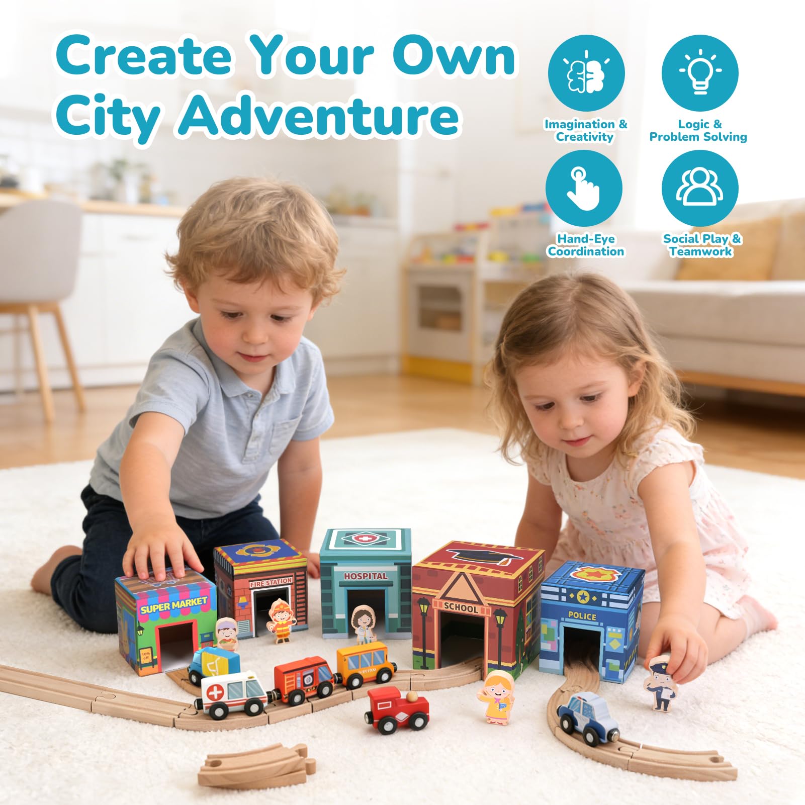 Dreamon 40 Pièces Set de Train en Bois Urbain pour Âges 3+, Rails de Train