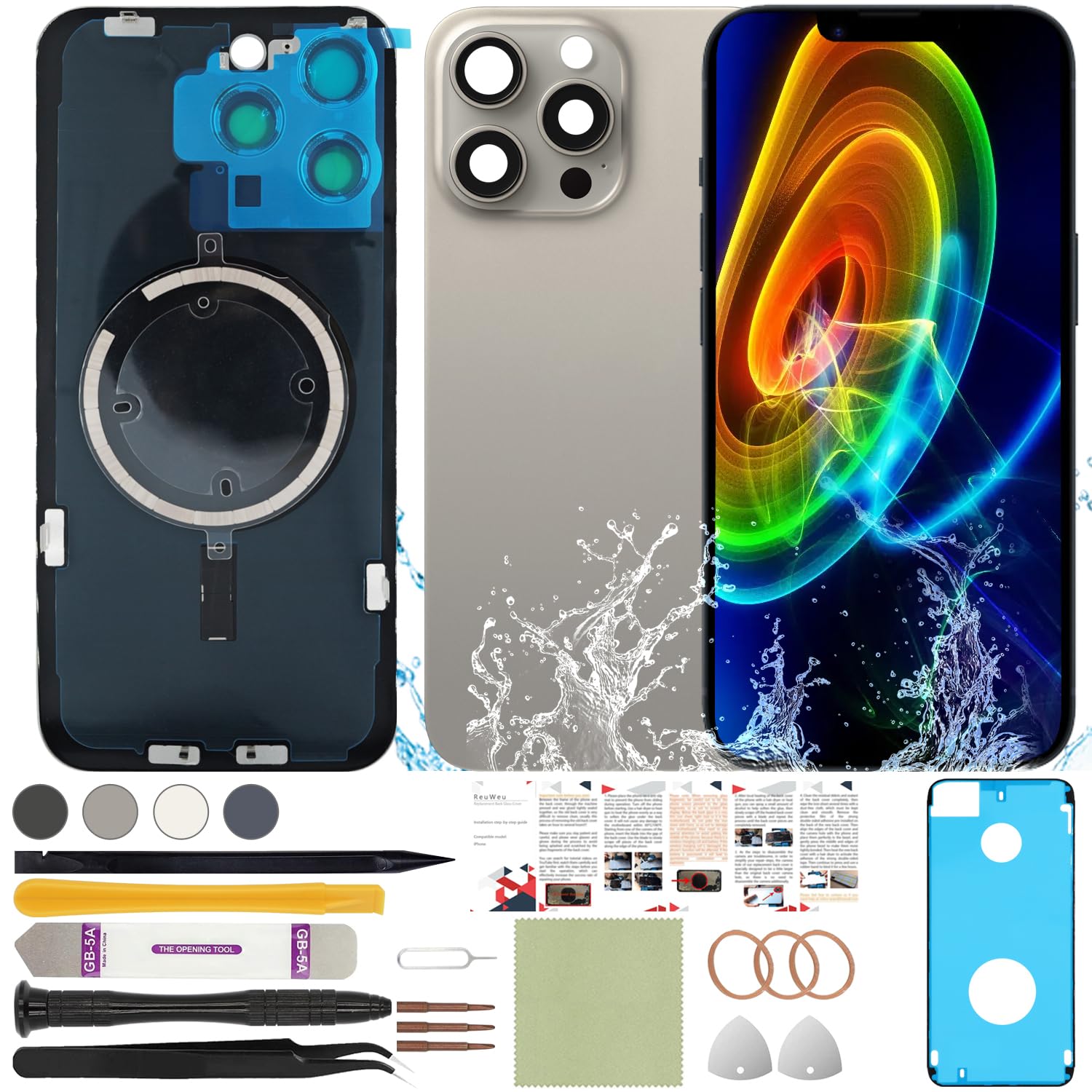 ReuWeu Back Screen Glass Cover Replacement Compatible with iPhone 15 Pro Max All Carriers 6.7" + Pre-Installed Plate and Camera Frame + Professional