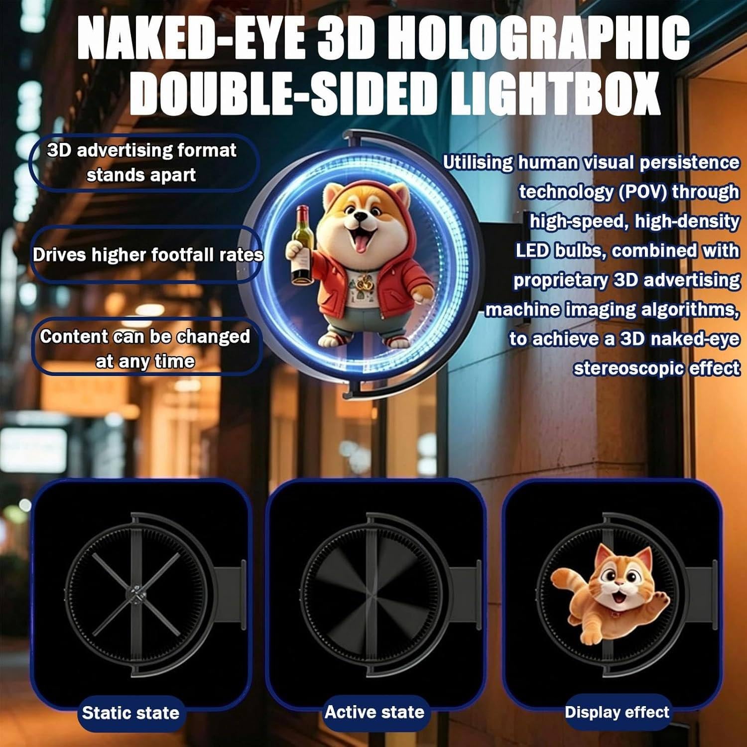 Projektor wentylatora LED z hologramem 3D, dwustronny podświetlany wyświetlacz 3D, niestandardowy hologram, wodoodporny znak biznesowy LED do restauracji, kawiarni, witryn sklepowych, do użytku na