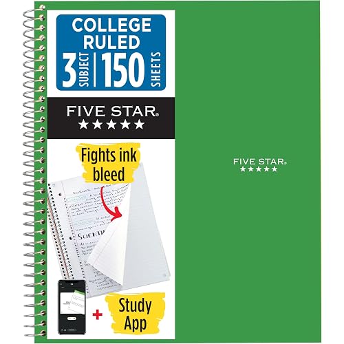 Five Star Spiral Notebook + Study App, 3 Subject, College Ruled Paper, Fights Ink Bleed, Water Resistant Cover, 8-1/2" x 11", 150 Sheets, Green (72067) (Pack of 6)
