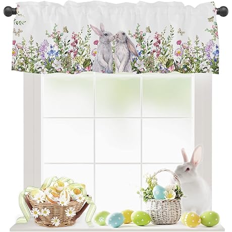Easter Valance Featuring Springtime Blooms and Cheerful Bunnies