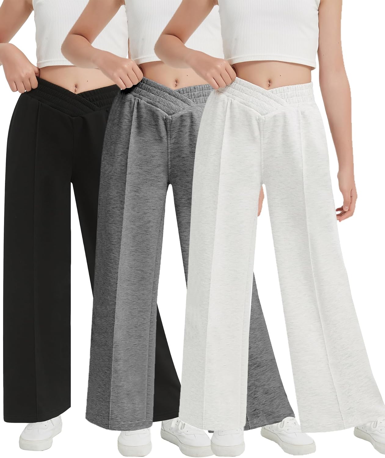 EXARUS Girls Sweatpants Wide Leg Baggy Teen Sweat Pants Cargo/Side Striped/Crossover V Waist Casual with Pockets 6-14Y