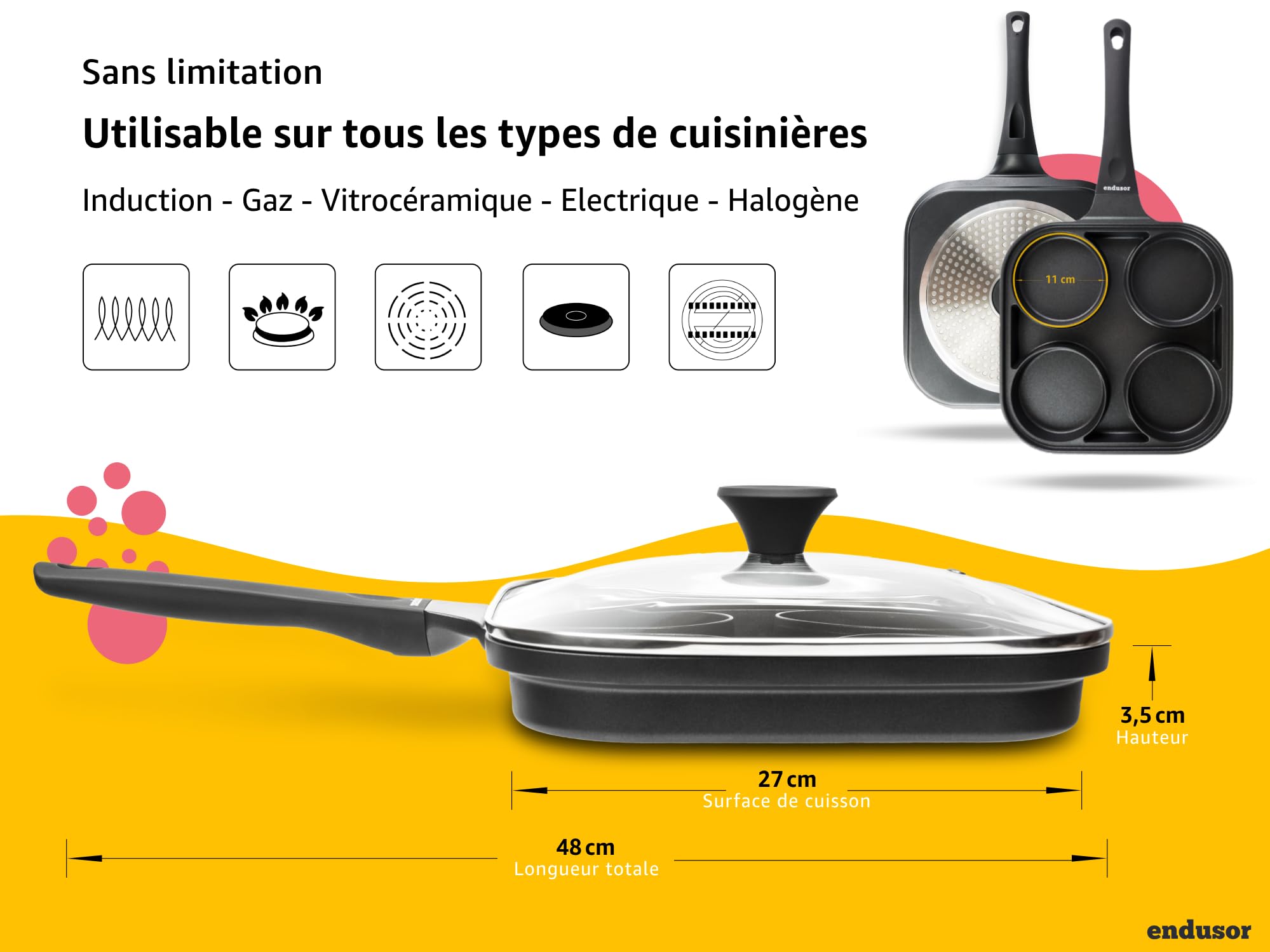 endusor Poele Pancakes et oeuf au plat - Poele de 27 cm adaptée à toute cuisinière + revêtement anti-adhésif & couvercle | Induction Gaz Céramique Électrique Halogène | 4 trous pour oeuf crêpe