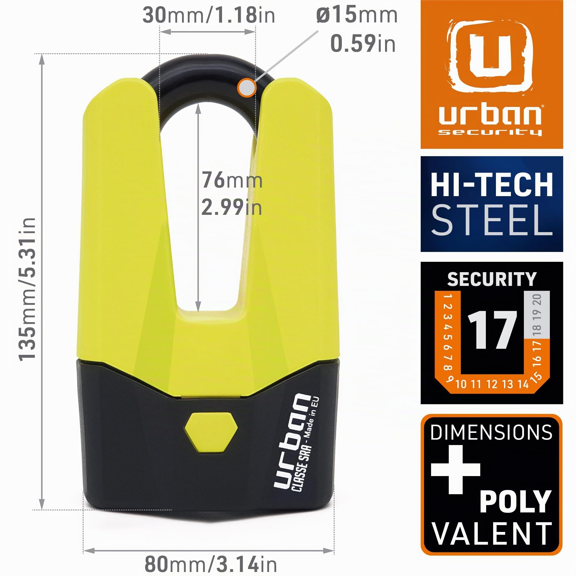URBAN U9DY Luccheto Mini U Bloccadisco Moto Omologato SRA, Massima Sicurezza Completamente Testato, Arco ø15 Doppia Chiusura, Serratura ad Alta Sicurezza, Antifurto Universale per Moto Scooter
