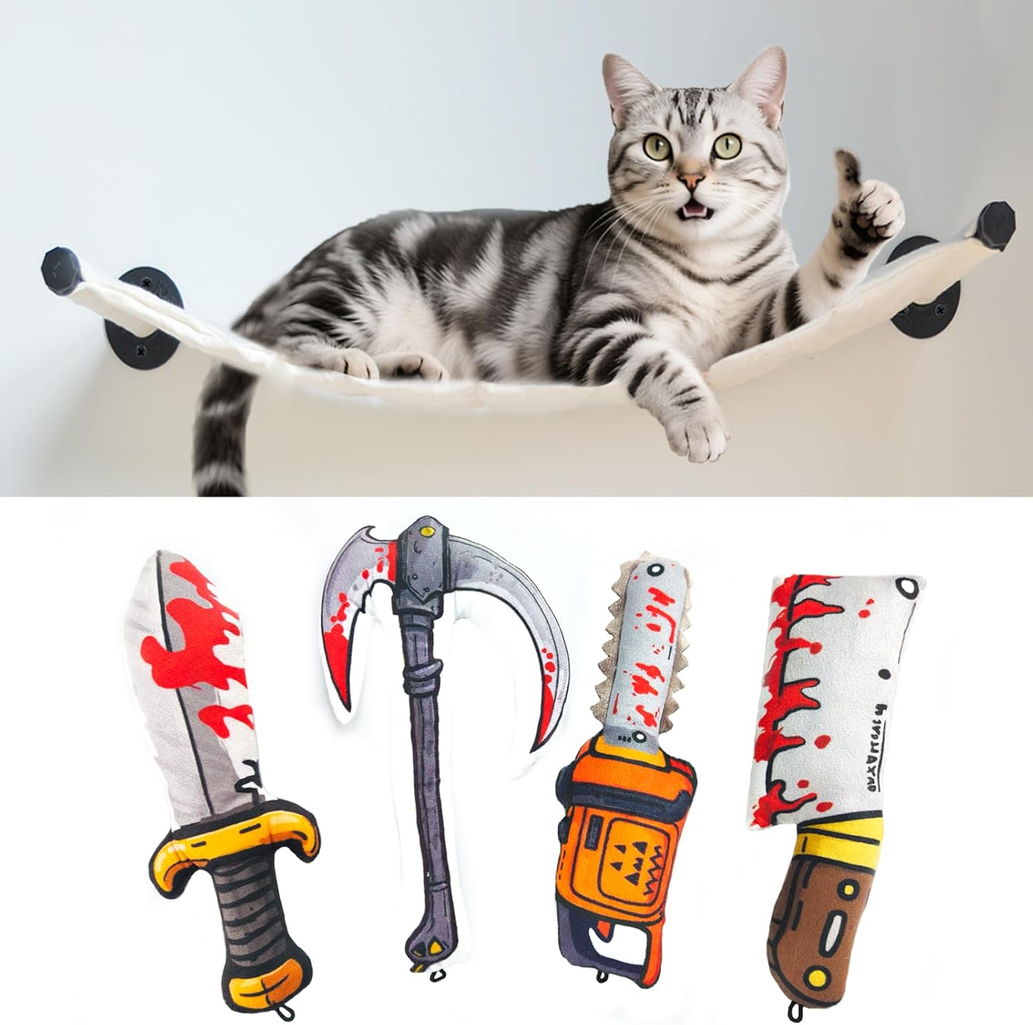 Cat Hammock Wall Mounted, 22.83 x 12.44 inch Wall Mounted, 4 Pcs Cat Toys, Cartoon Colorful Style Horror Funny Knife Catnip cat Toys Durable Soft Sandy Sound