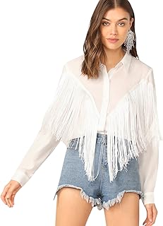 Verdusa Women's Fringe Trim Long Sleeve Button Up Blouse Shirt Top