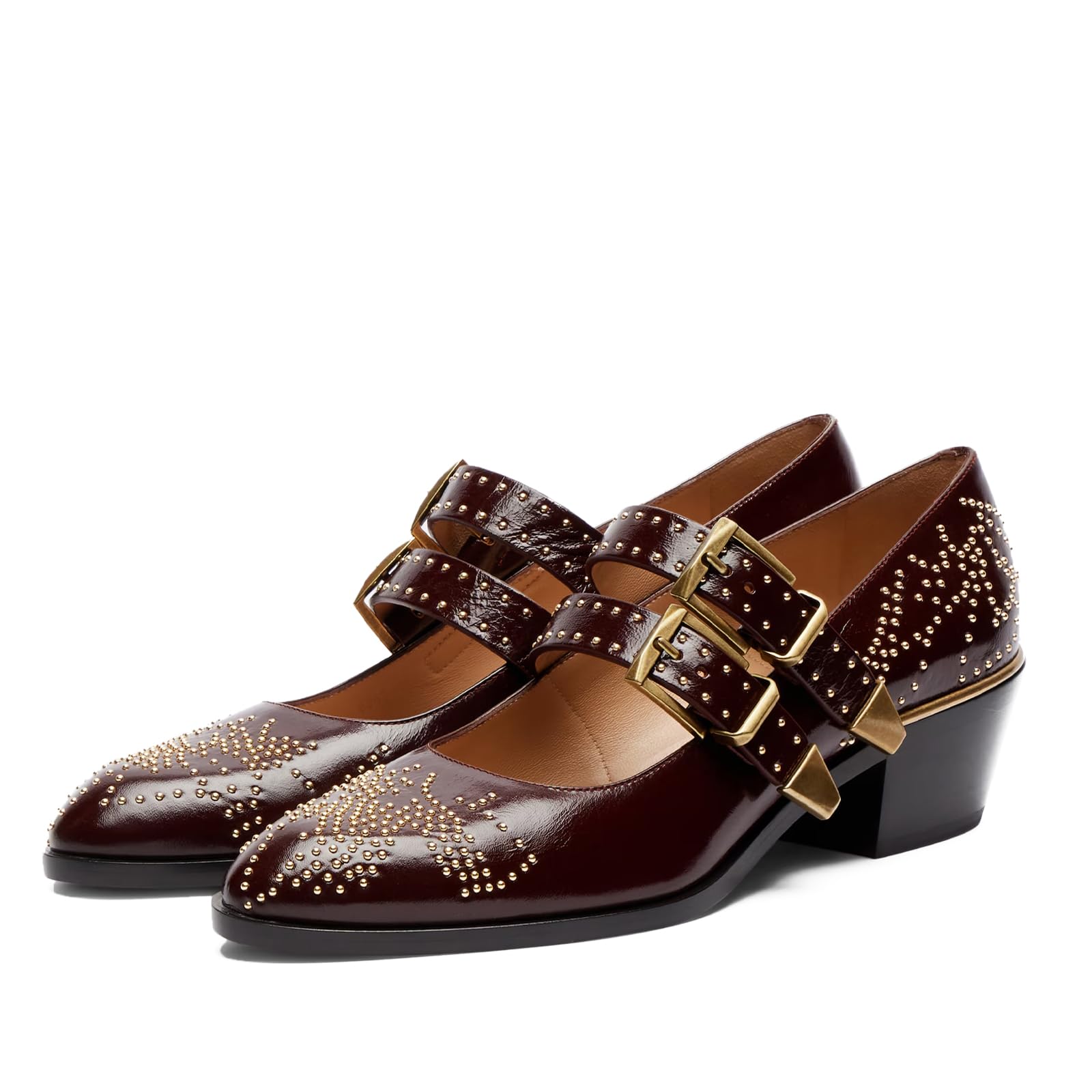 Women Studded Mary Jan Shoes Chunky Low Heels Buckle Strap Closed Toe Mary Jane Pumps