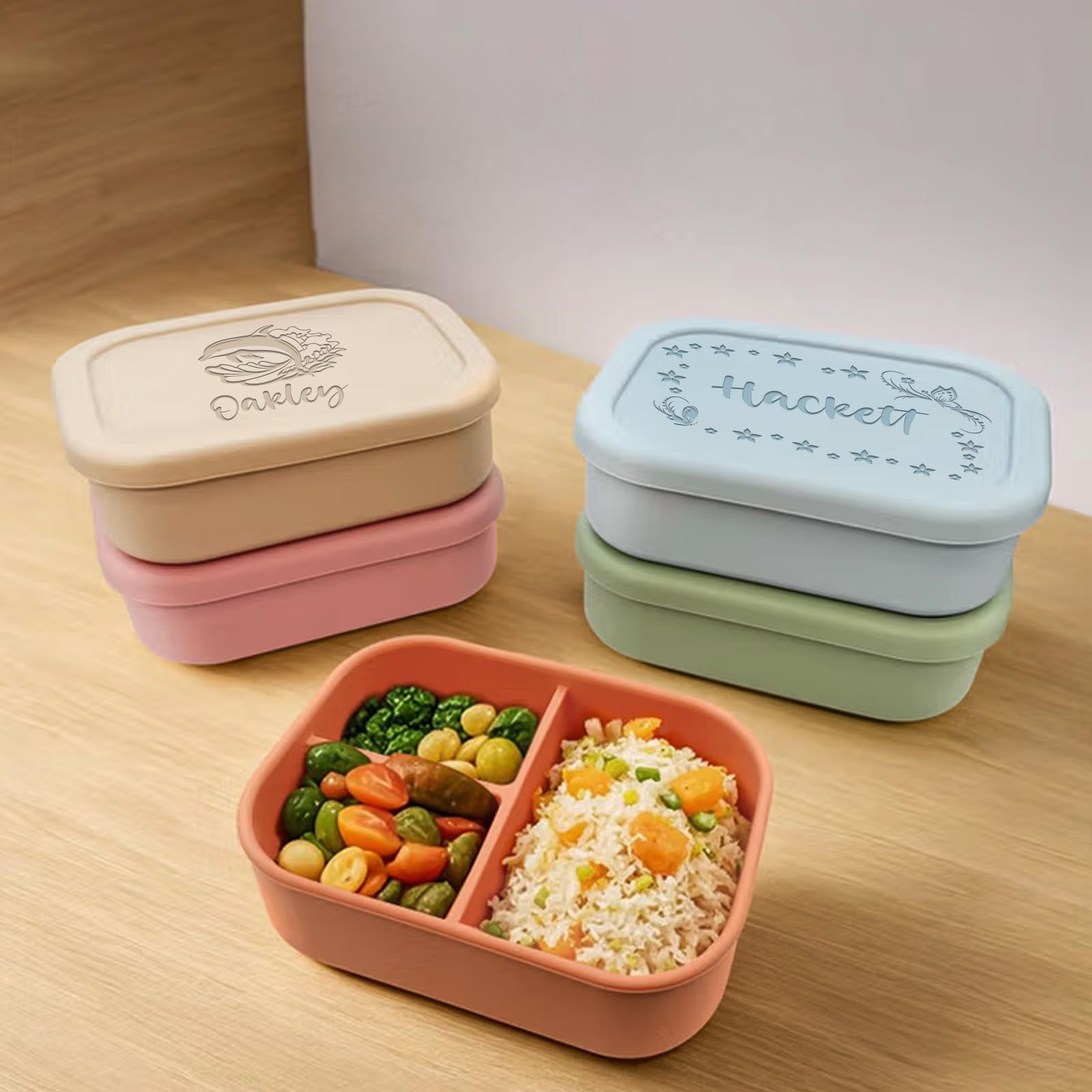 Fiambrera Bento Personalizado, Fiambreras de Silicona con Nombre, 20 patrón | Fiambrera Bento de Silicona de 3 Compartimentos Personalizada, Fiambrera de 800 ml, para Microondas Lavavajillas Antiderrames