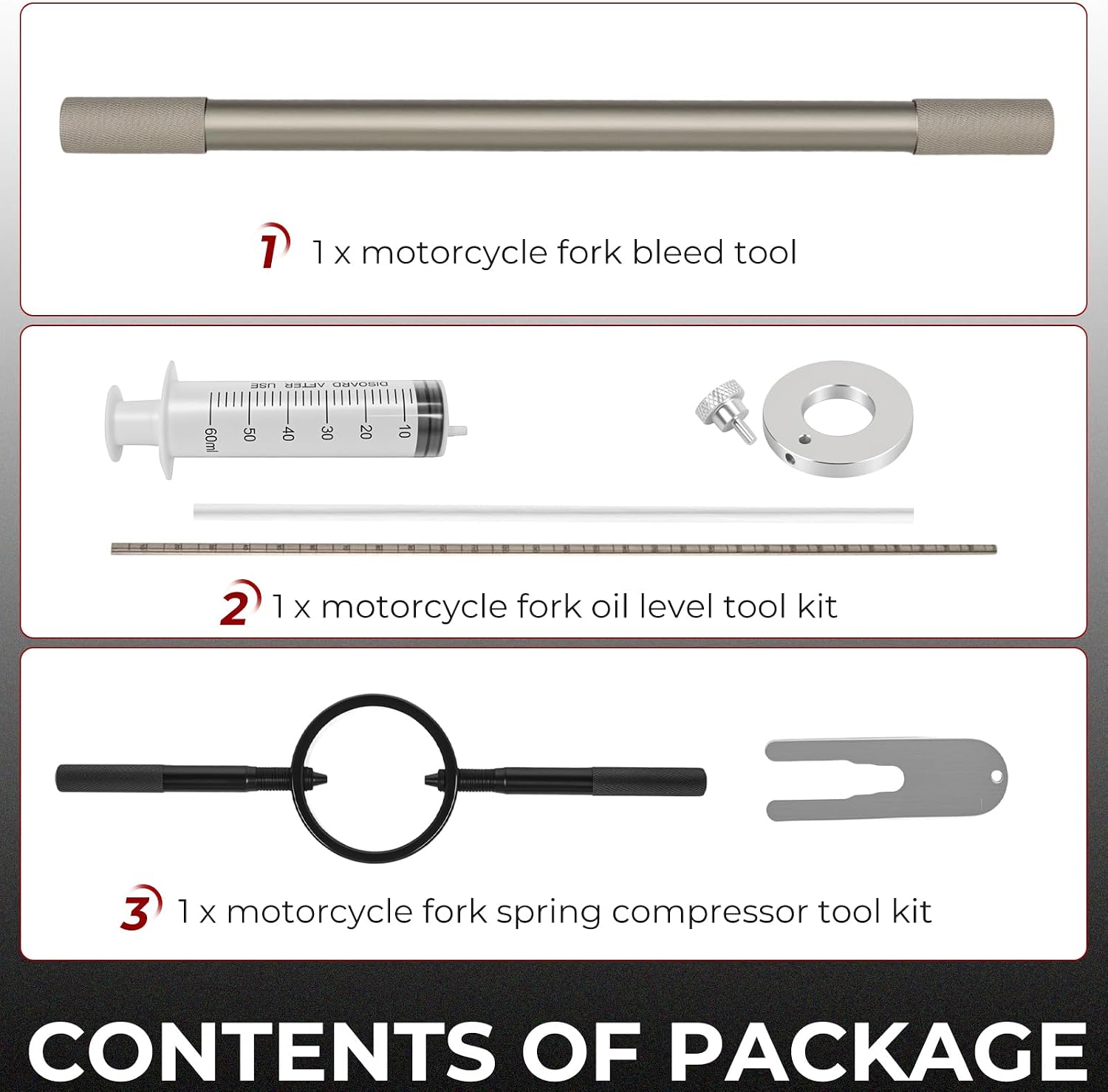 Motorcycle Fork Service Tool Kit - 3PCS Multi-Function Maintenance Set with Oil Level Gauge, Spring Compressor & Damper Rod Bleeder Motorcycle Fork Spring Compressor Tool Kit for All Fork Types