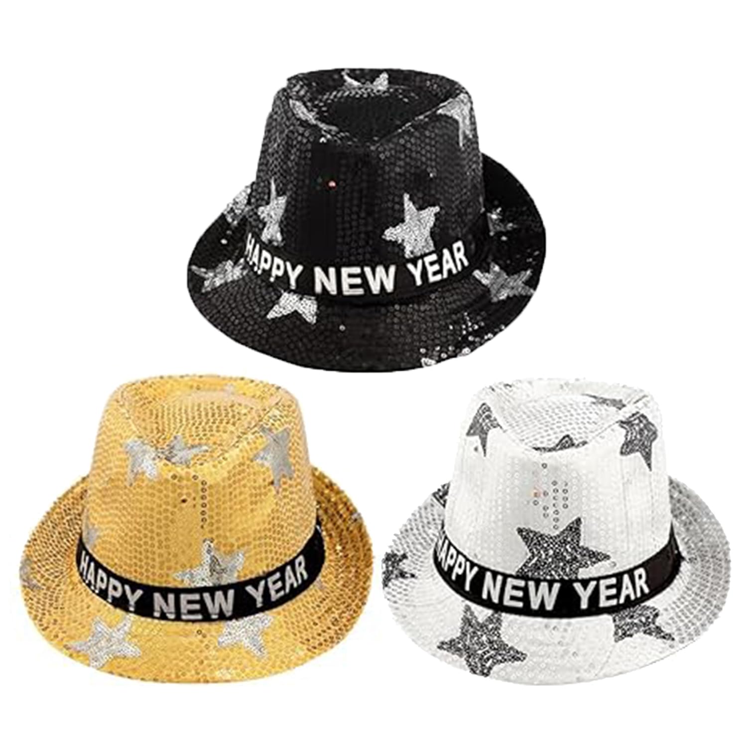 New Year's Eve Party Supplies - 3 Pack Fedora Hats with Shiny Sequins in Gold, Silver & Black for Men & Women