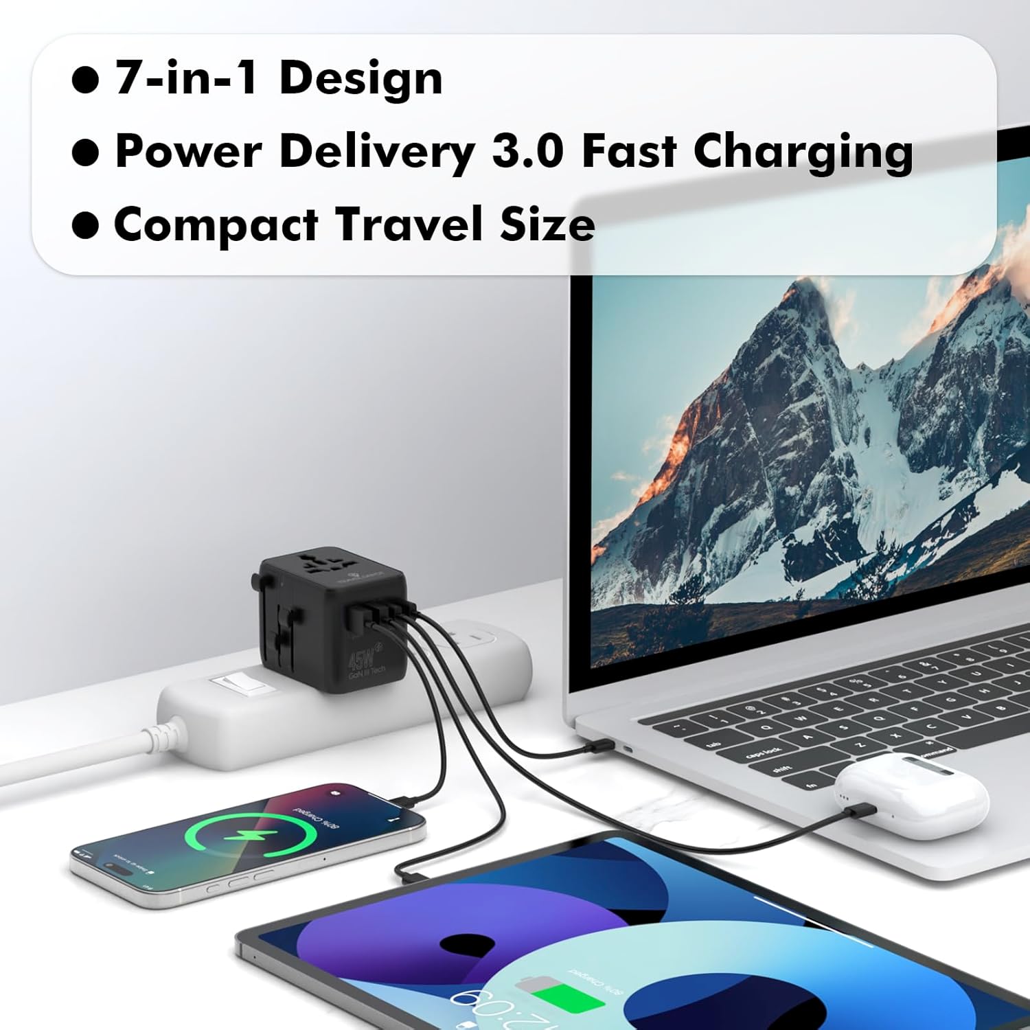 7 in 1 Travel Adapter Worldwide w/GaN 45W, 2 USB-A (15W), 3 USB-C (45W), 2 AC Outlets, Safety Certified International Plug Adapter for Universal Laptop, Phone, Camera for US, EU, UK, AU