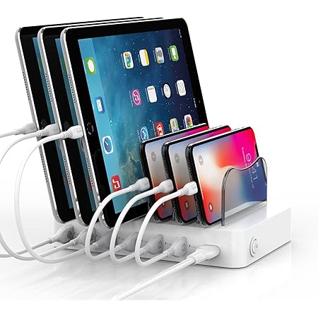 Amazon 首佩usb充電ステーション 50w 10a 6ポート 充電スタンド 同時にマルチデバイス充電 6本のケーブルが含まれています Iphone Ipad Ipod Android タブレット スマートフォンに対応 2つのisoケーブル 2つのtype Cケーブル 2つのmicro 首佩 クレードル ドック