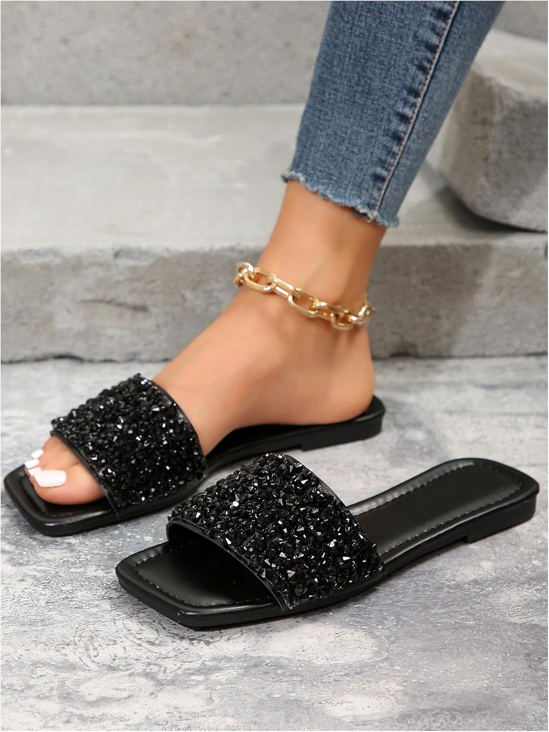 GORGLITTER Women's Sparkly Jeweled Flat Sandals Dressy Open Toe Glitter Shiny Slippers Slip-on Shoes - Image 3