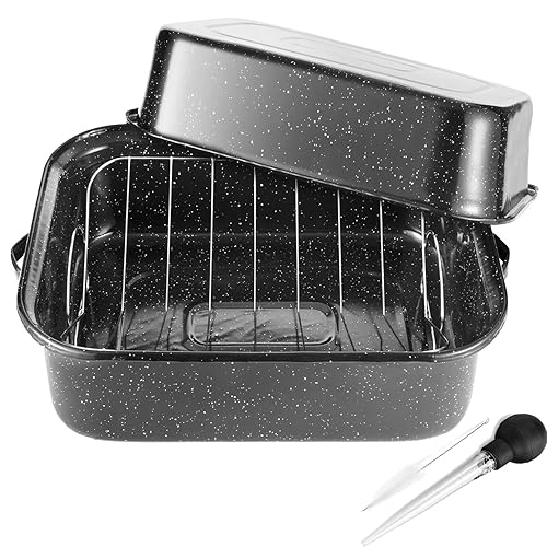 JY COOKMENT Roasting Pan With Lid and Rack, 21' Rectangular, 25lb Turkey Roaster Pot, Large Oven Roaster Tray, V-Rack and Versatile Lid Bone Turkey Baster