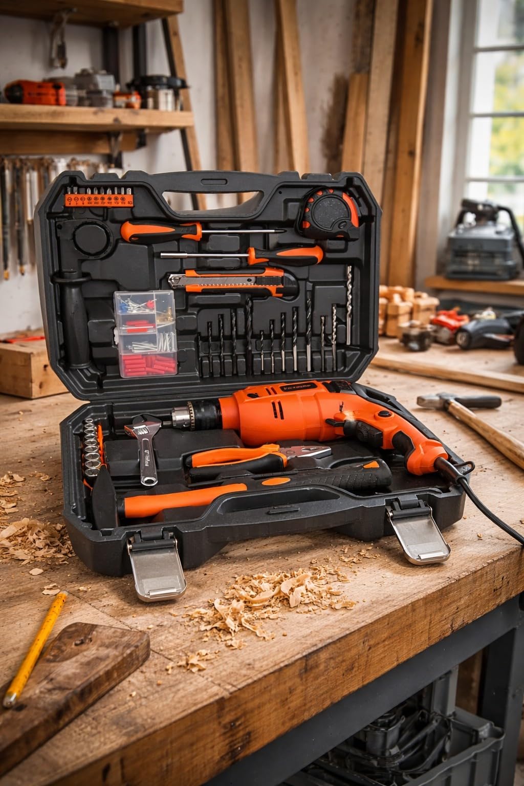 Trapano Avvitatore a Percussione 710W Trapano Elettrico Mandrino 13mm Velocità Variabile 0-3000 RPM per Legno Metallo Muratura con 150 Accessori in Valigetta