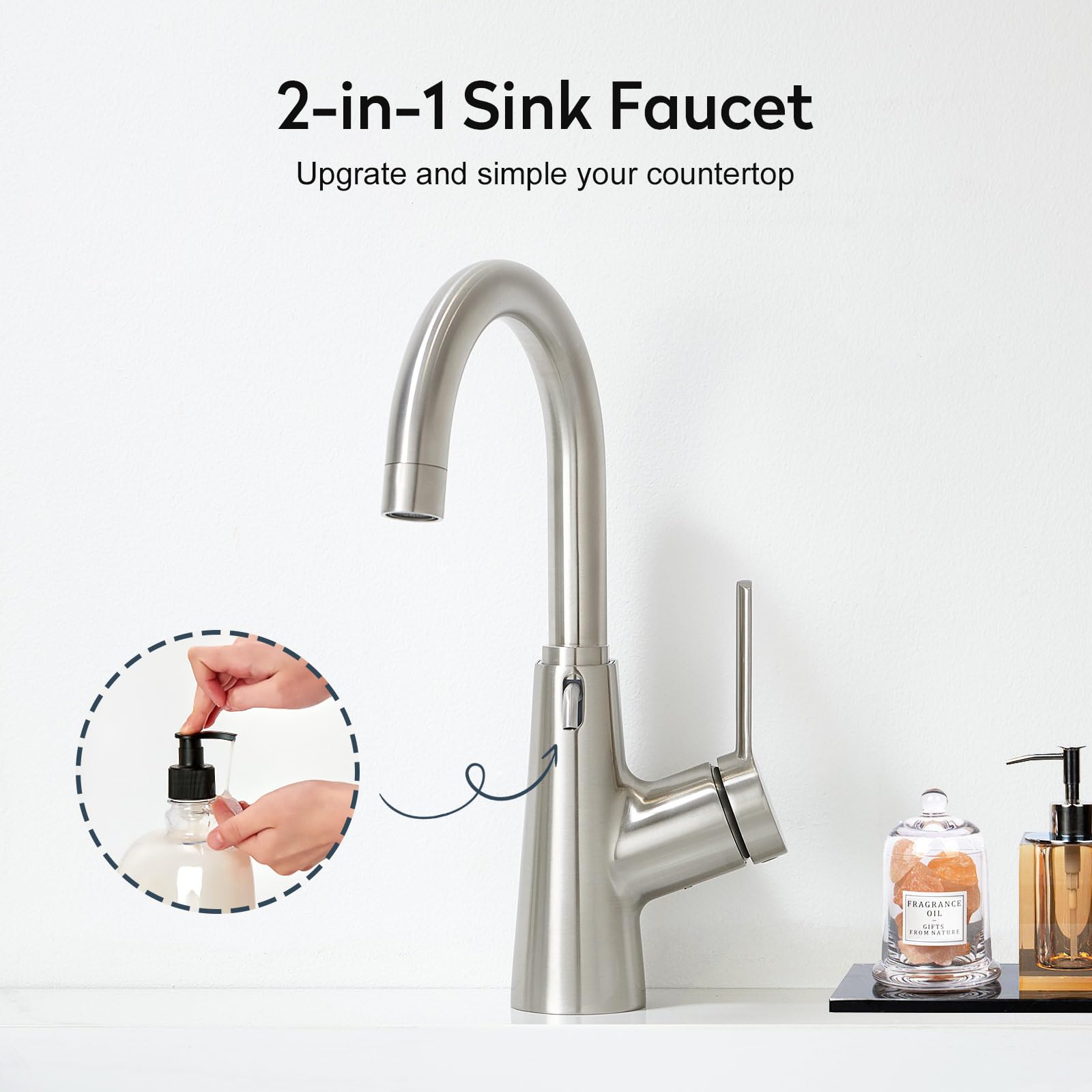 Rubinetto per Lavabo da Bagno con Distributore di Sapone, Miscelatore Monocomando, spazzolato