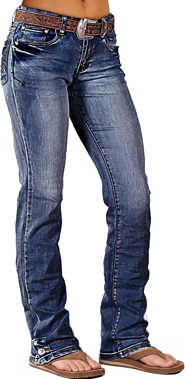 Flamingals Mid Rise Flared Jeans for Women Bootcut Strechy Trendy Straight Leg Embroidered Denim Pants