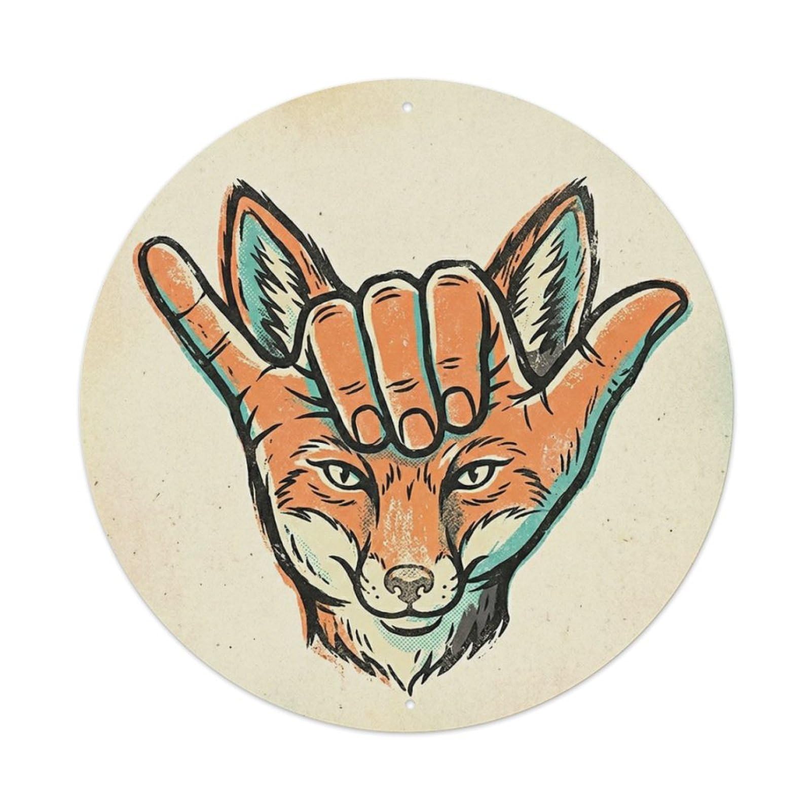 Fox Shaka Gesture Comic Animal Classic Cartoon Vintage Metal Tin Sign Plaque Wall Decor for Cafe, Man Cave, Club Bar, Office, Home Garden Round Metal Poster 8x8Inch