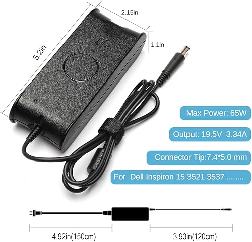 Miniatura 2 de Adaptador de 19.5V 3.34A 65W Cargador para portátil compatible con Dell Inspiron 15 3521 3537 3531 15R 5521 5537 17 3721 5748 17R 5737 5721 14 3421