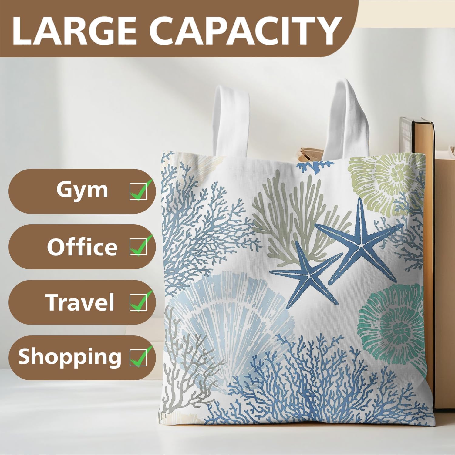 Coastal Beach Tote Bag, Flower Totes Canvas Bags for Women Men, Summer Gift Reusable Grocery Shopping Bags - Image 4
