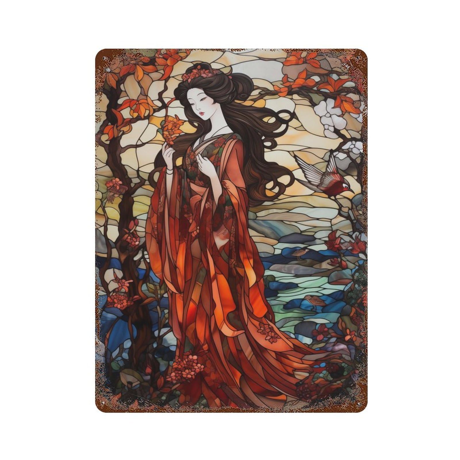 Garage Style Stained Glass Geisha Rusty Metal Tin Sign 15.7"x11.8", Industrial Home Decor for Bar And Workshop