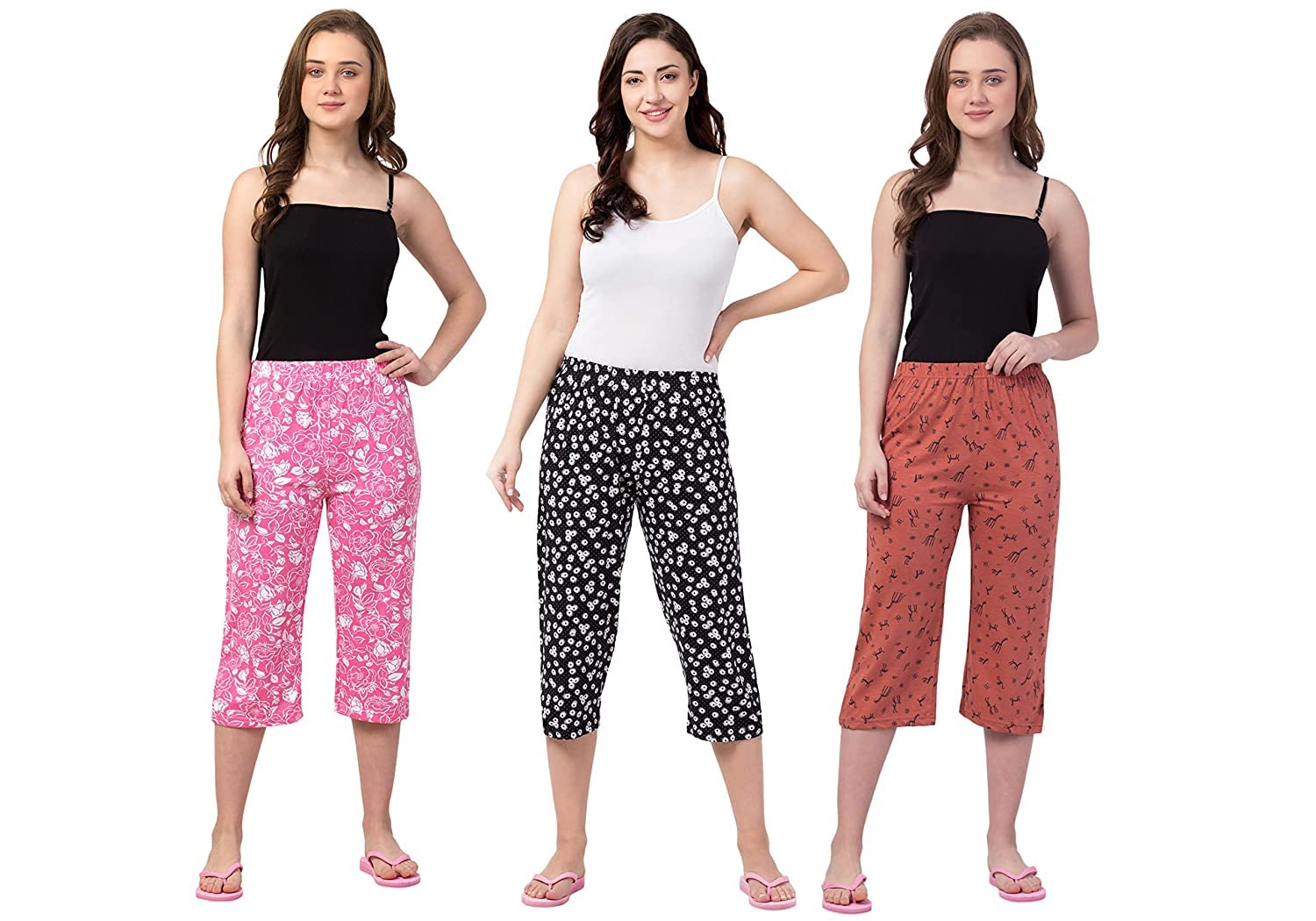 Women's Cotton Printed Nightwear Capris Nightwear Capri for Girls and Women Printed 3/4 Pyjama Set of 3