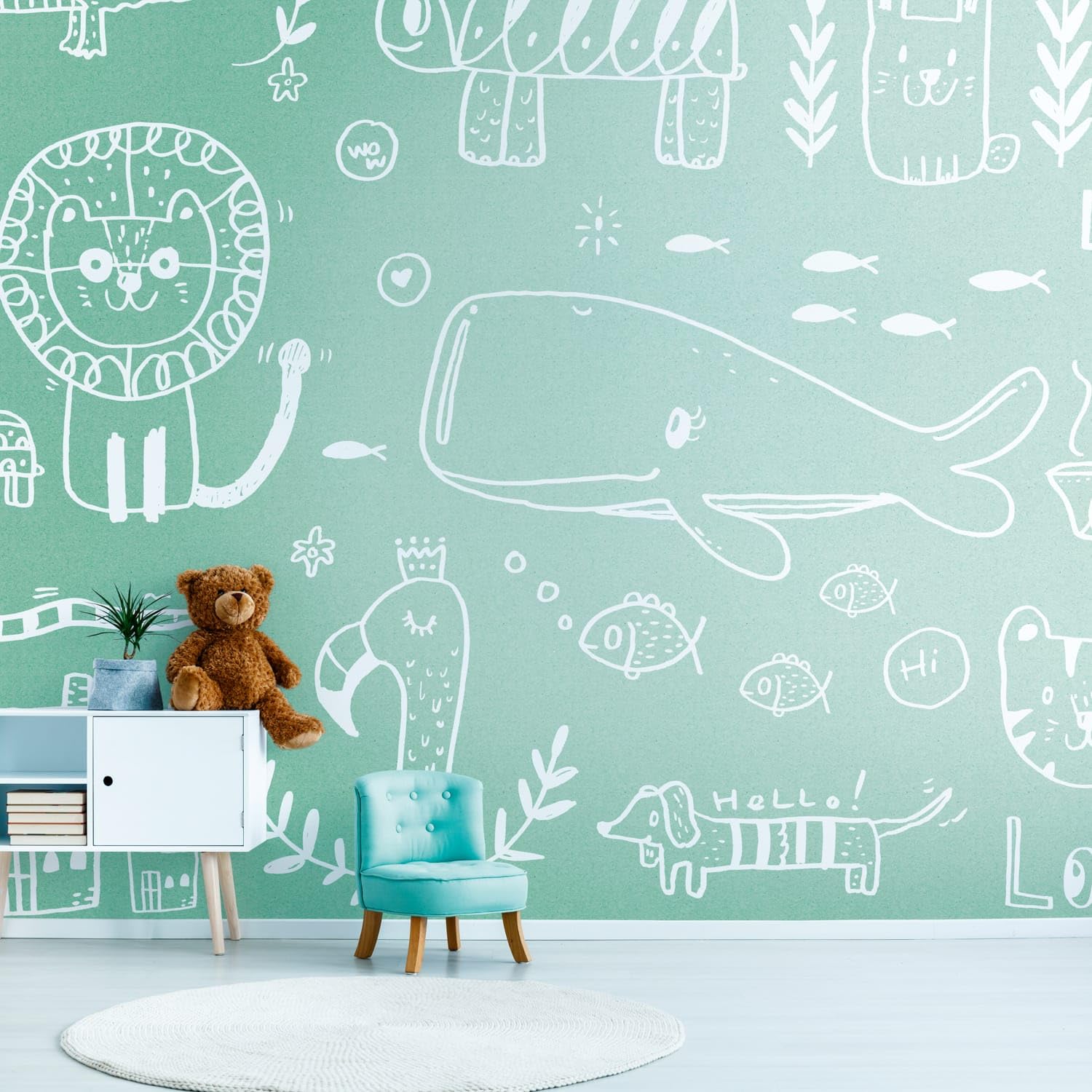 Papier peint panoramique vert blanc pour une chambre d'enfant douce