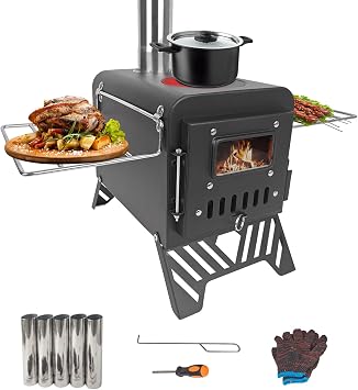 Tent Camping Stove, Expanded Size 54x28x35cm, Camping Wood Stove, Outdoor Portable Tent Wood Burning with Stainless Chimney Pipes, Small and Convenient, For Cooking, Heating, Camping, Tent, Hiking