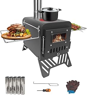Estufa de camping para tienda de campaña, tamaño ampliado: 54 x 28 x 35 cm, estufa de leña para camping, estufa de leña portátil para exteriores con tubos de chimenea de acero inoxidable, pequeña y