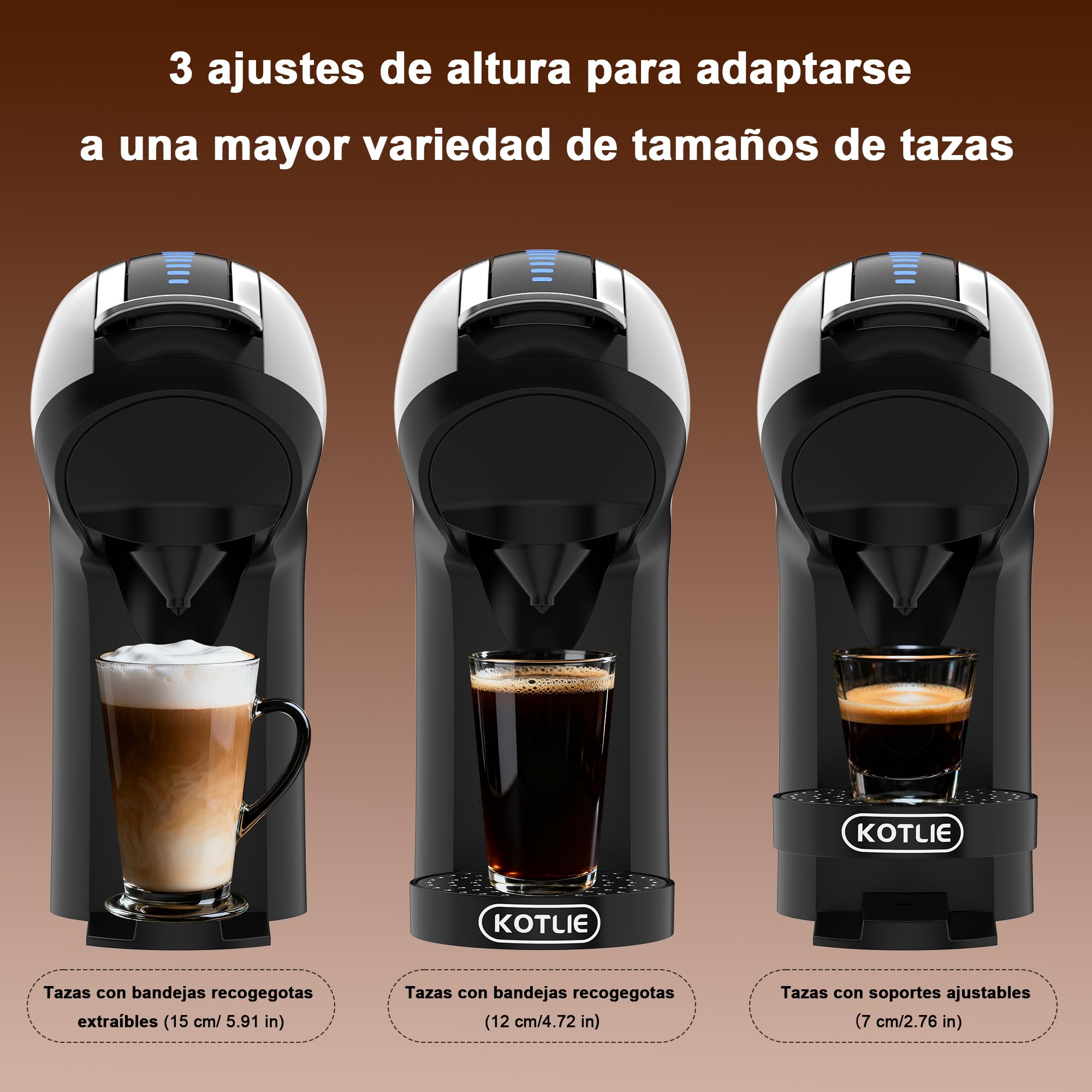 KOTLIE 5 en 1 máquina de café cápsulas 19 Bar, máquina multi-cápsula para Nespresso/Dolce Gusto/pastillas ESE (44mm)/polvo de café, depósito de agua 1L, 3 temperaturas/7 cantidades de agua