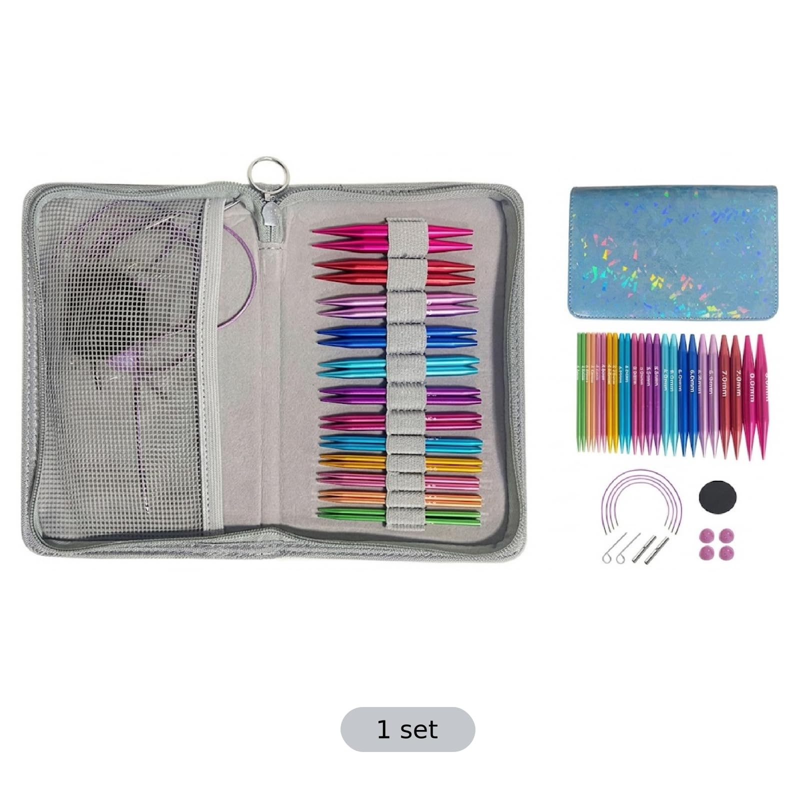 Abnehmbare Rundstricknadeln-Set, 13 Aluminium-Nadeleinsätze, 4 austauschbare Schaftlängen, mehrfarbig, 2,0 bis 8,0 mm, abnehmbare Köpfe, passend für Pullover & Schals, mit schmalem Aufbewahrungsbeutel