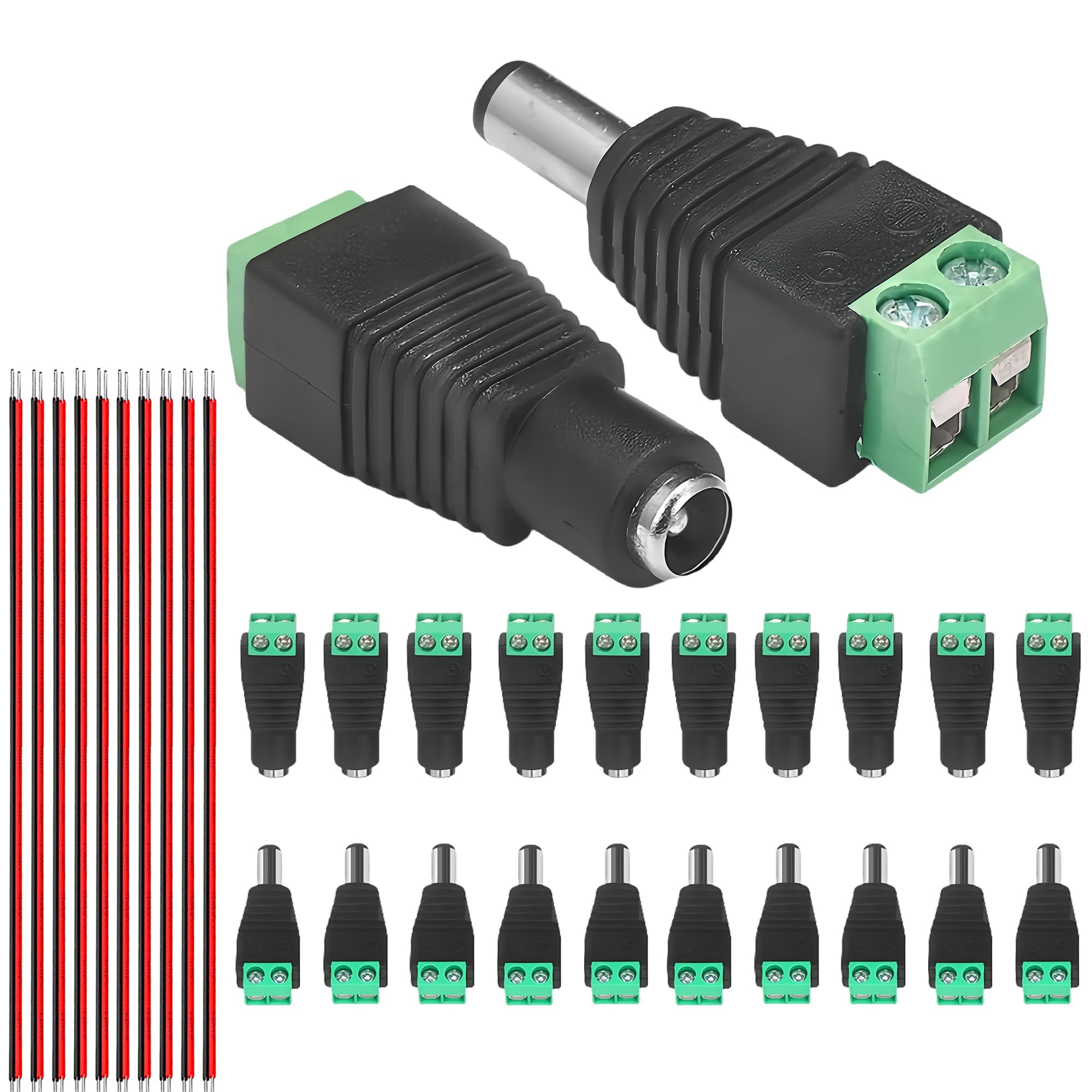 Clearhill 20Pcs (10Pcs Male+10Pcs Female) Power Connectors and 10Pcs red and Black Wires,5.5mm x 2.1mm Power Jack Socket for 5-24v Led Strip,Camera Cable Wire Ends Plug Barrel Adapter