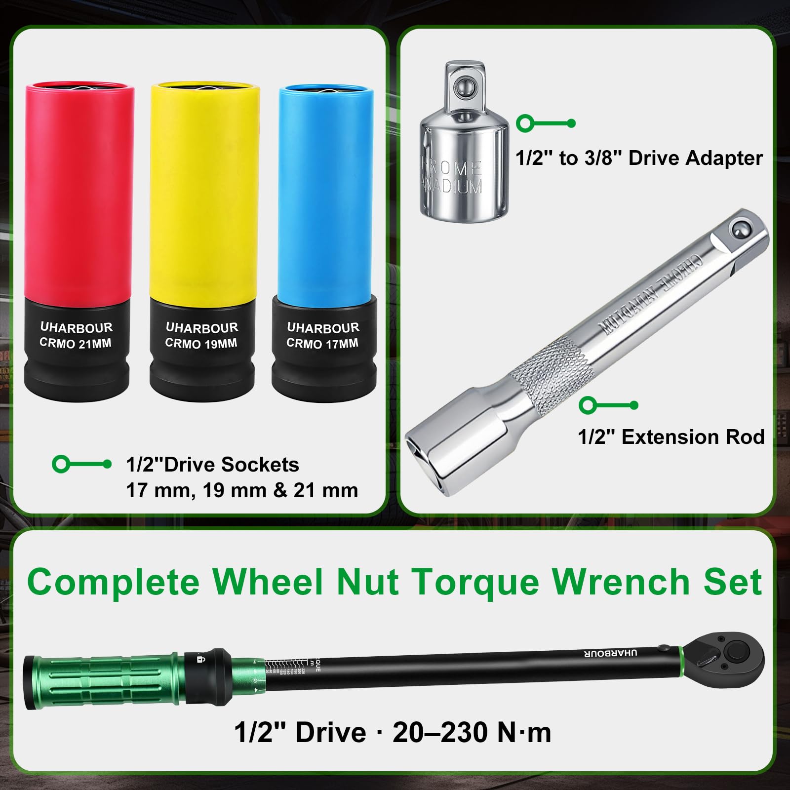 Uharbour Juego de Llaves Dinamométricas 1/2" 20-230 Nm para Coche – Incluye Tres Enchufes para Tuercas de Lengüeta