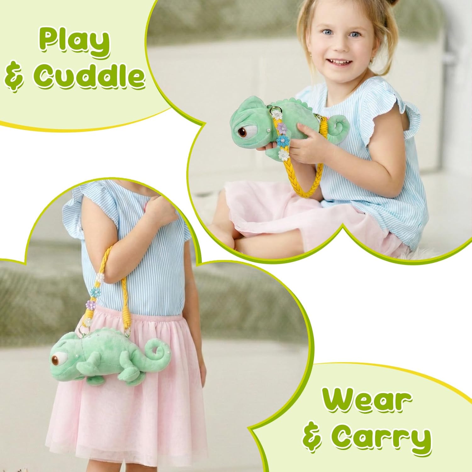 Lizard Plush Toy and Shoulder Handbag - Chameleon Shape Fluffy Plush Detachable Strap Multi-Functional Storage, 9.5 Inch Cute Fashion Accessory for Theme Parks and Daily Outings