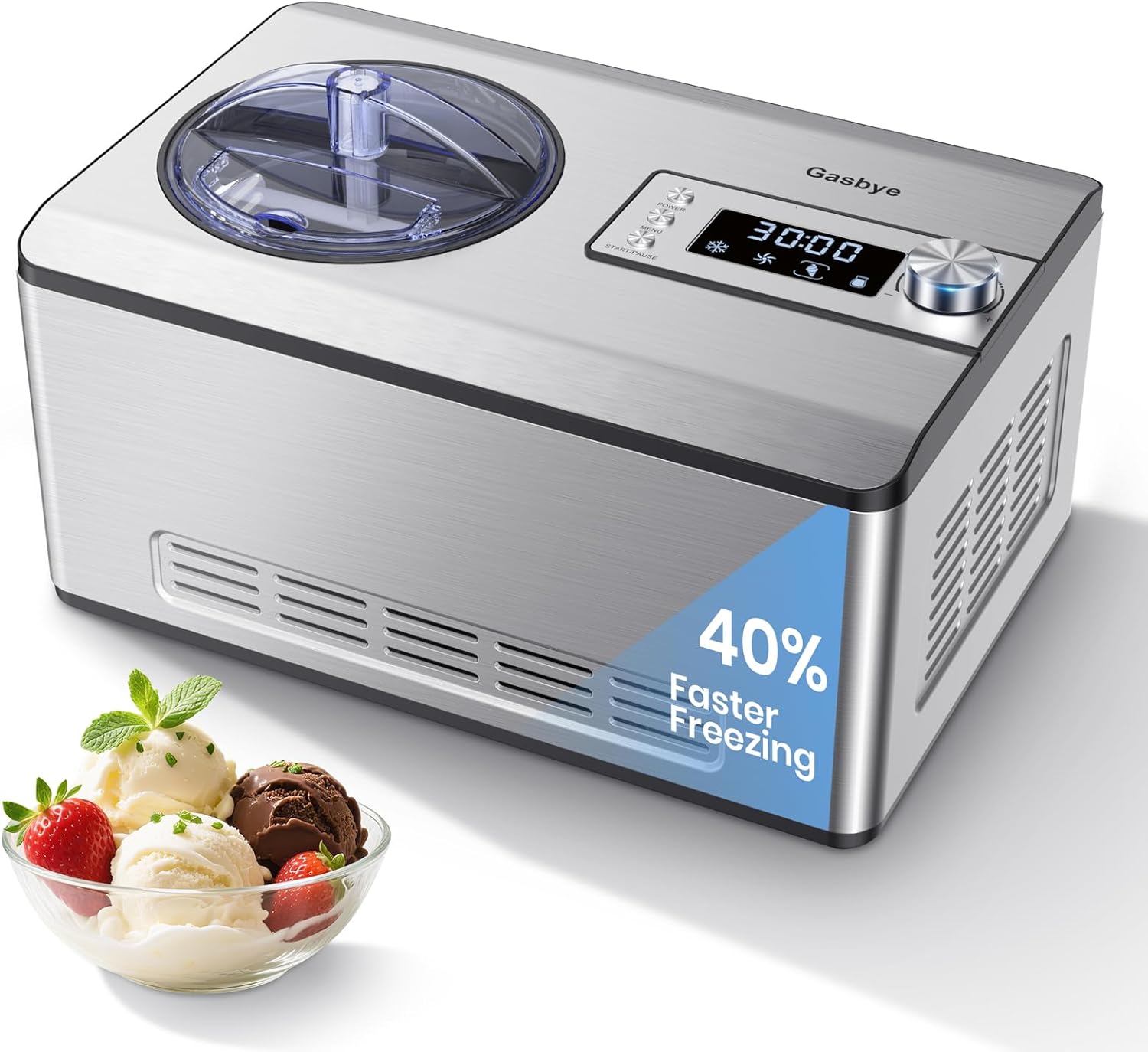 Ice Cream Maker with Upgraded Compressor, [40% Faster Freezing], No Pre-Freezing Needed, LED Display, 2.1 Qt Capacity, Easy Operation for Ice Cream & Yogurt, Stainless Steel Stainless Steel 2.1 Quart