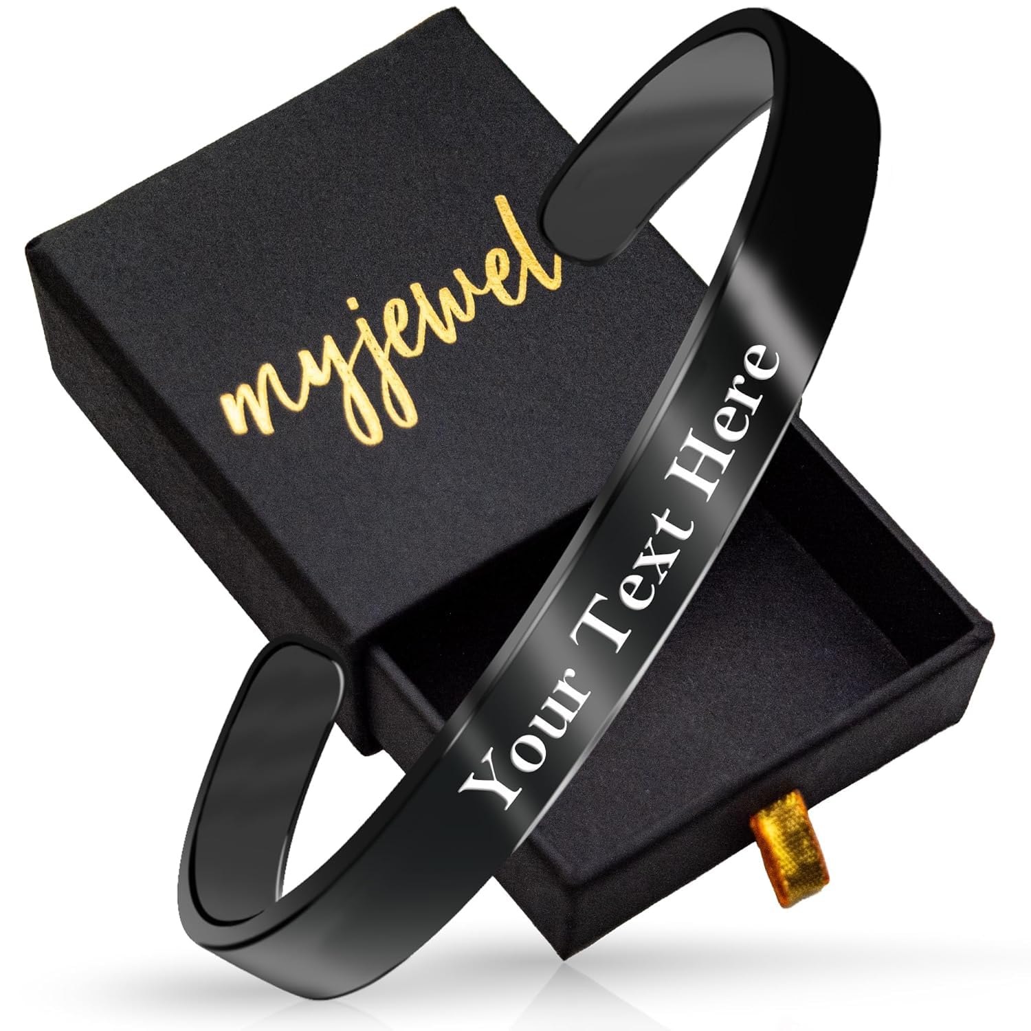 Myjewel Personalized Gold-Plated Stainless-Steel Cuff Bracelet with Free Custom Inspirational Text Engrave Name Mantra Text Minimalist Bracelet for Men & Women (8MM Black)