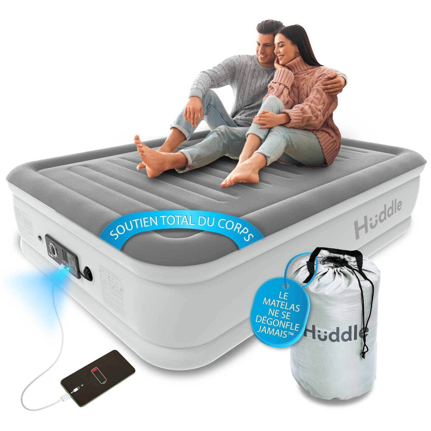 Huddle® Never Deflate™ Luxury lit Double Gonflable, lauréat Good Housekeeping 2025, doté de la Double Pompe SlumberGuard™, fermeté réglable, Pompe intégrée et veilleuse USB
