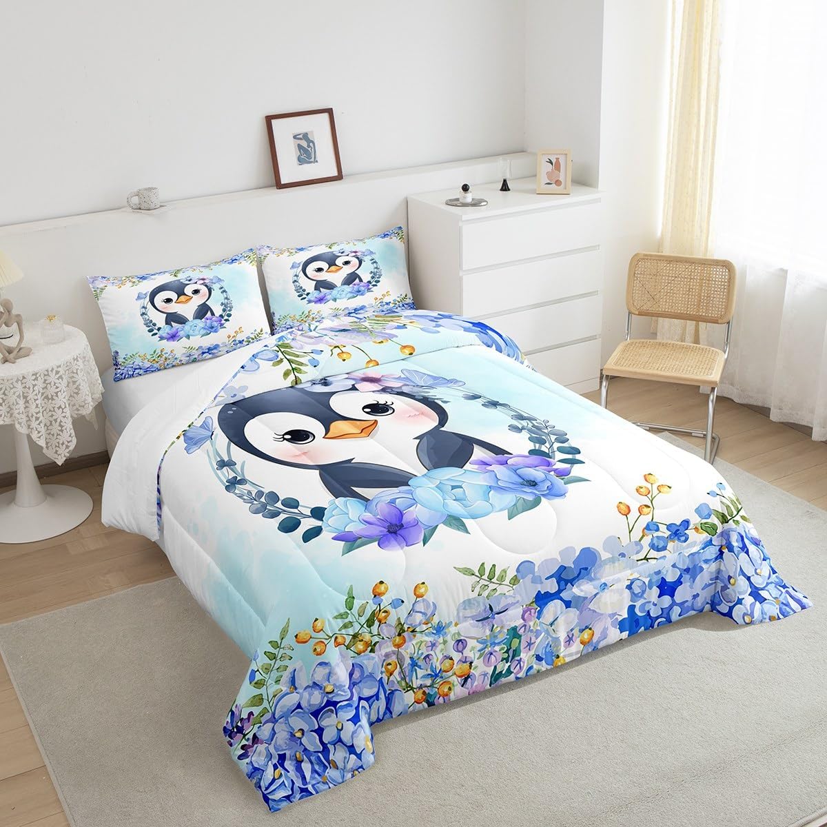 Manfei Cartoon Penguin Kids Comforter Set Queen Size,Cute Arctic Pole Animals Bedding Set,Girls Boys Adults Room Decor,Flowers Plants Romantic Down Comforter,Blue Gradient Duvet Insert,2 Pillowcases