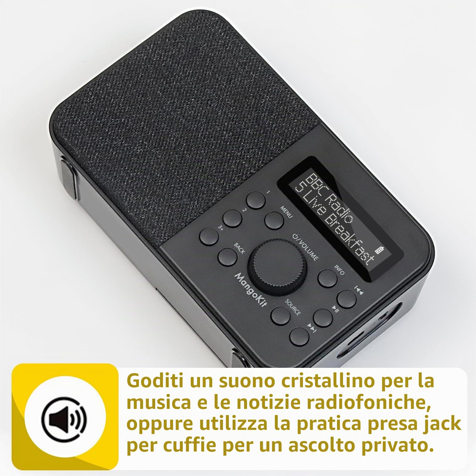 PR2S Radio Digitale DAB,DAB+ e Radio FM da cucina,altoparlante Bluetooth,Personale con Display,sveglia e orologio,40 stazioni preimpostate,cuffie, Batterie e Alimentazione a rete-Nero