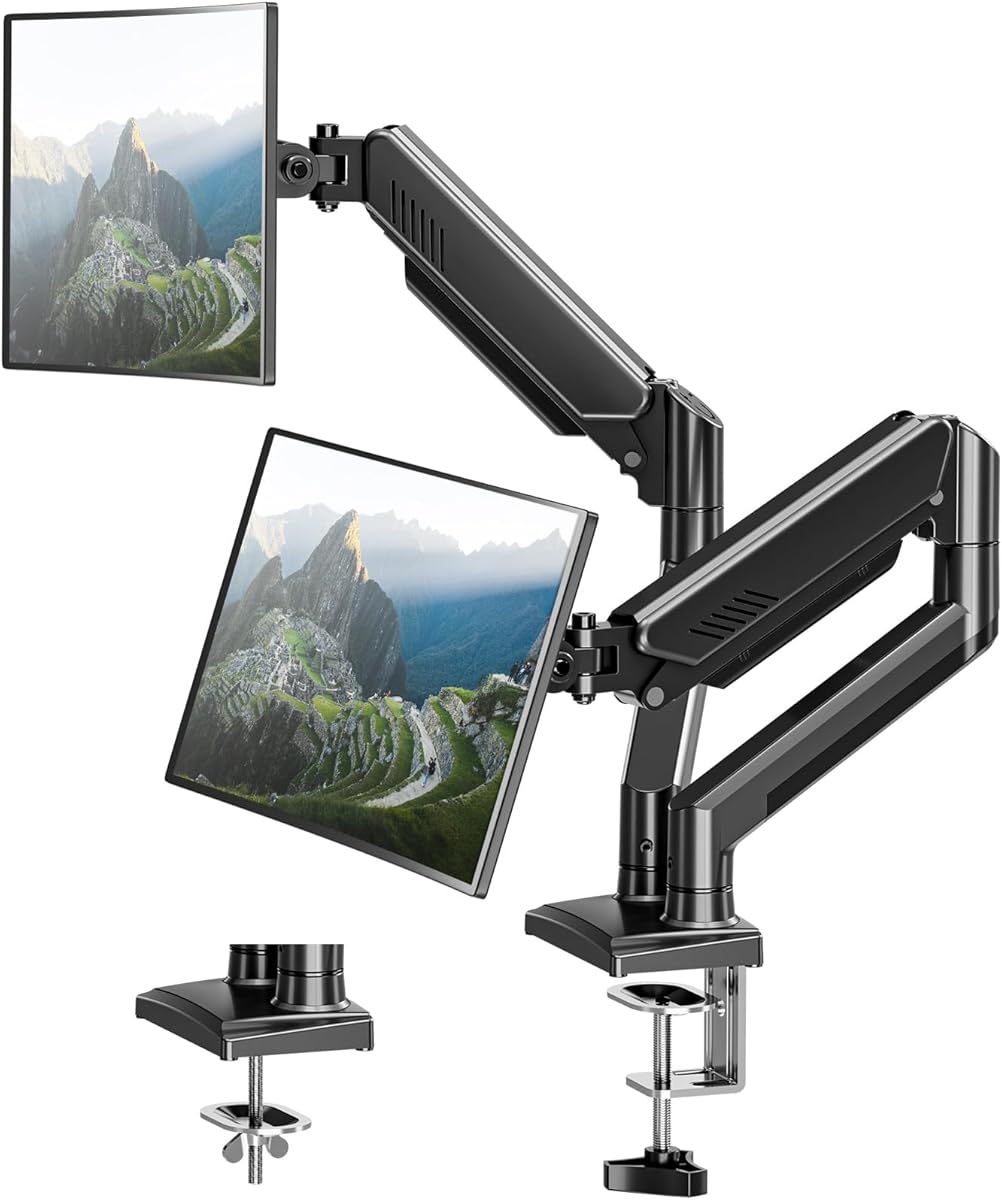 Dual Monitor Arm Desk Mount Fits 13 to 32 inch Computer Screens, Holds 4.4 to 22lbs Display VESA Mount, Adjustable Double Monitor Stand with Clamp/Grommet Base, 75/100mm Bracket, Black, Freelift