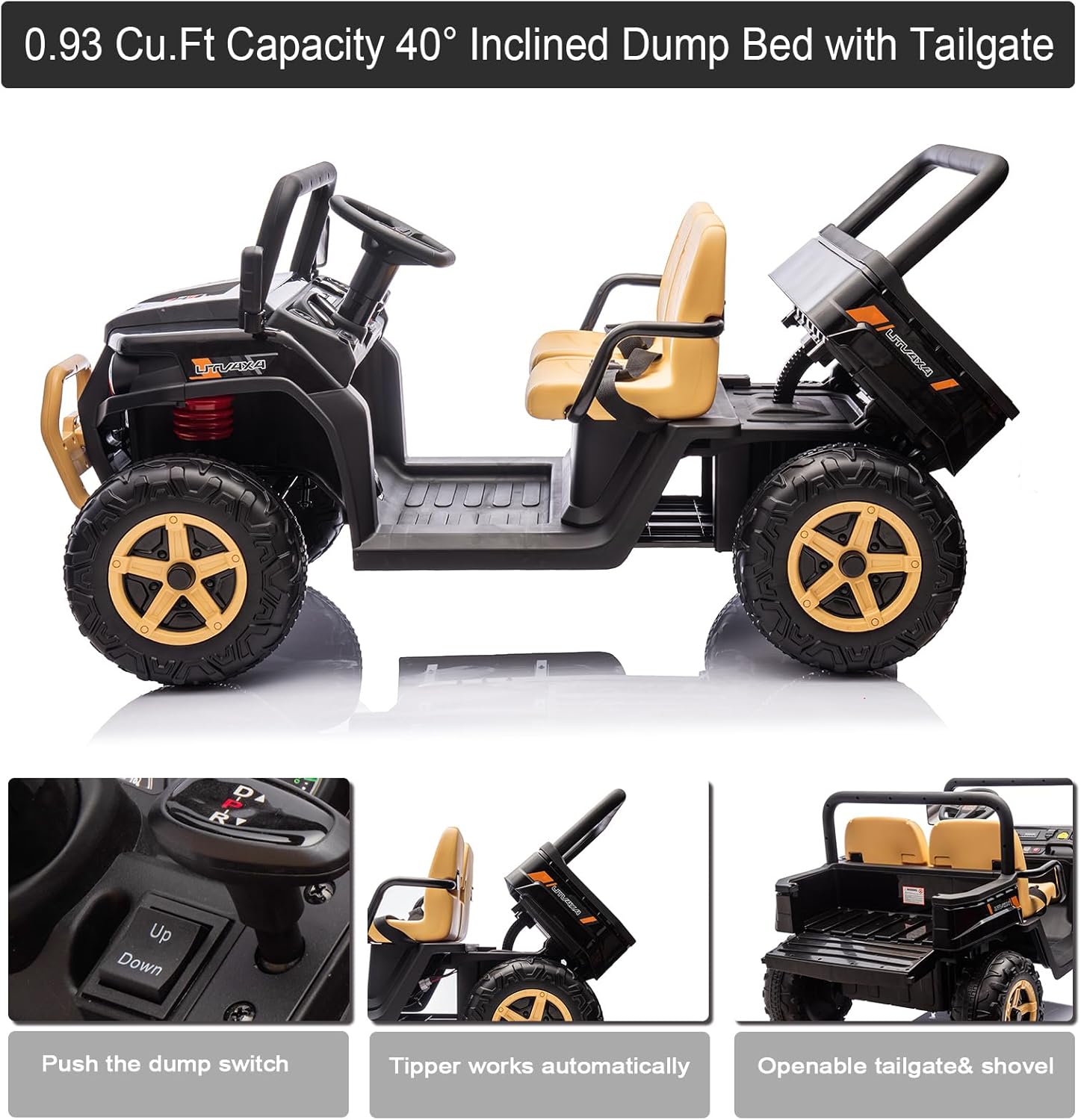 24V Ride On Car with Electric Dump Bed Side by Side, 2 Seater Ride On Truck w/Powerful Motors, Ride On Construction Truck Remote Control, Bluetooth, Black