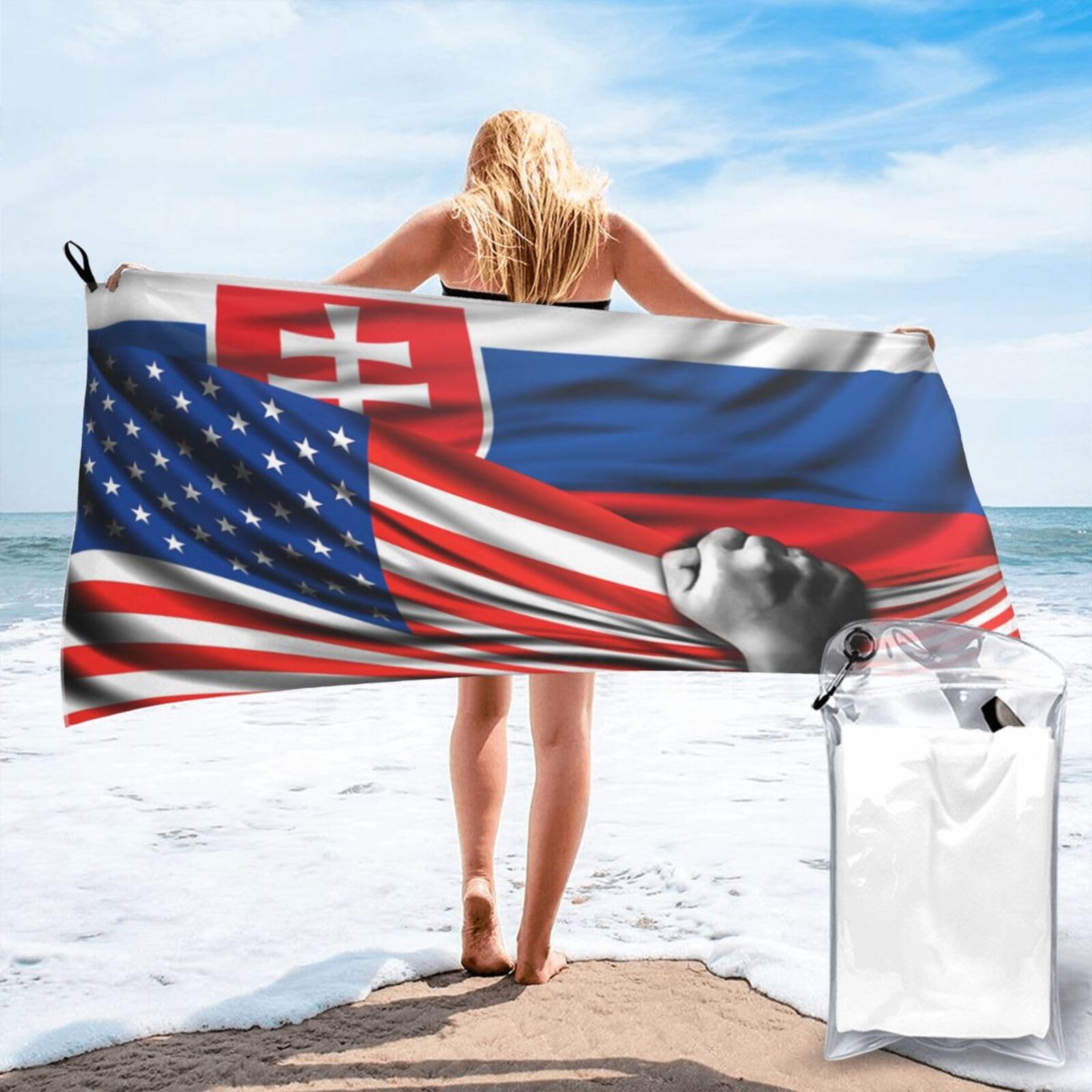 HACXZ Beach Towel America Flag and Slovakia Slovakian Flag Microfiber Beach Towel Lightweight Absorbent 31.5"X63"