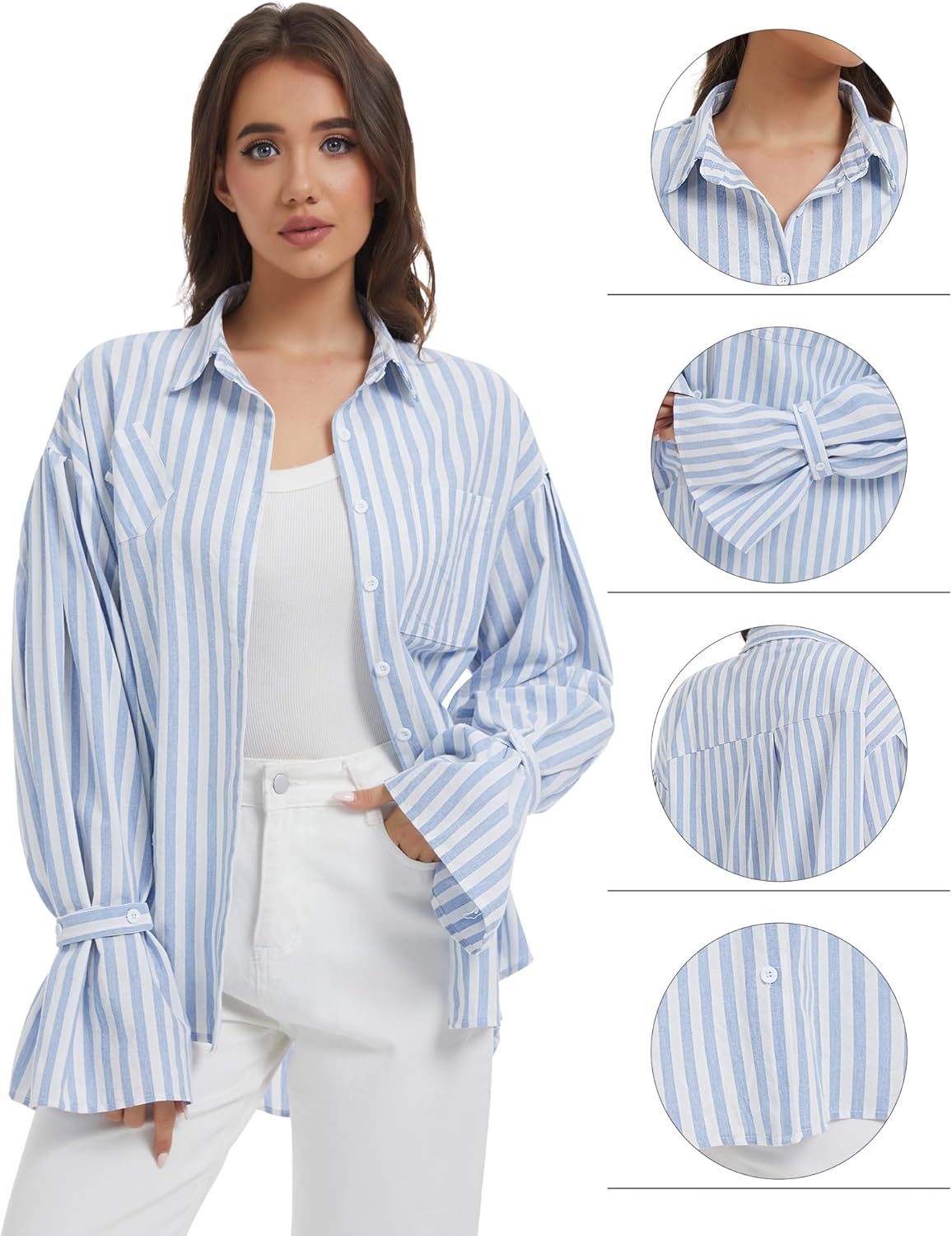 Women Striped Button Down Shirt Casual Oversized Blouse Boyfriend Lantern Sleeves Collared Work Top with Pocket - Image 5