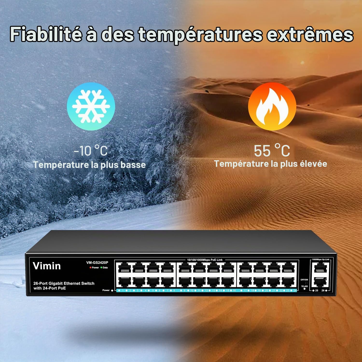 VIMIN Commutateur PoE Gigabit 24 Ports avec 2 Ports Montants Gigabit, Commutateur Ethernet PoE Non Géré 26 Ports avec Une Puissance de 320W, Prise en Charge de IEEE802.3af/at, VLAN, Boîtier en Métal