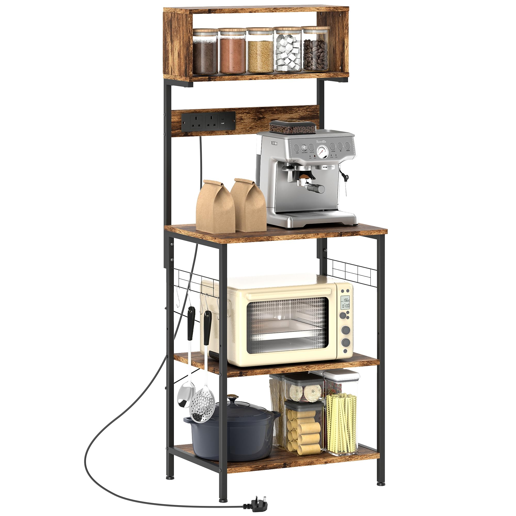 Rackhams Brown Bakers Rack With Power Outlet, 5 Hooks, Microwave Stand,