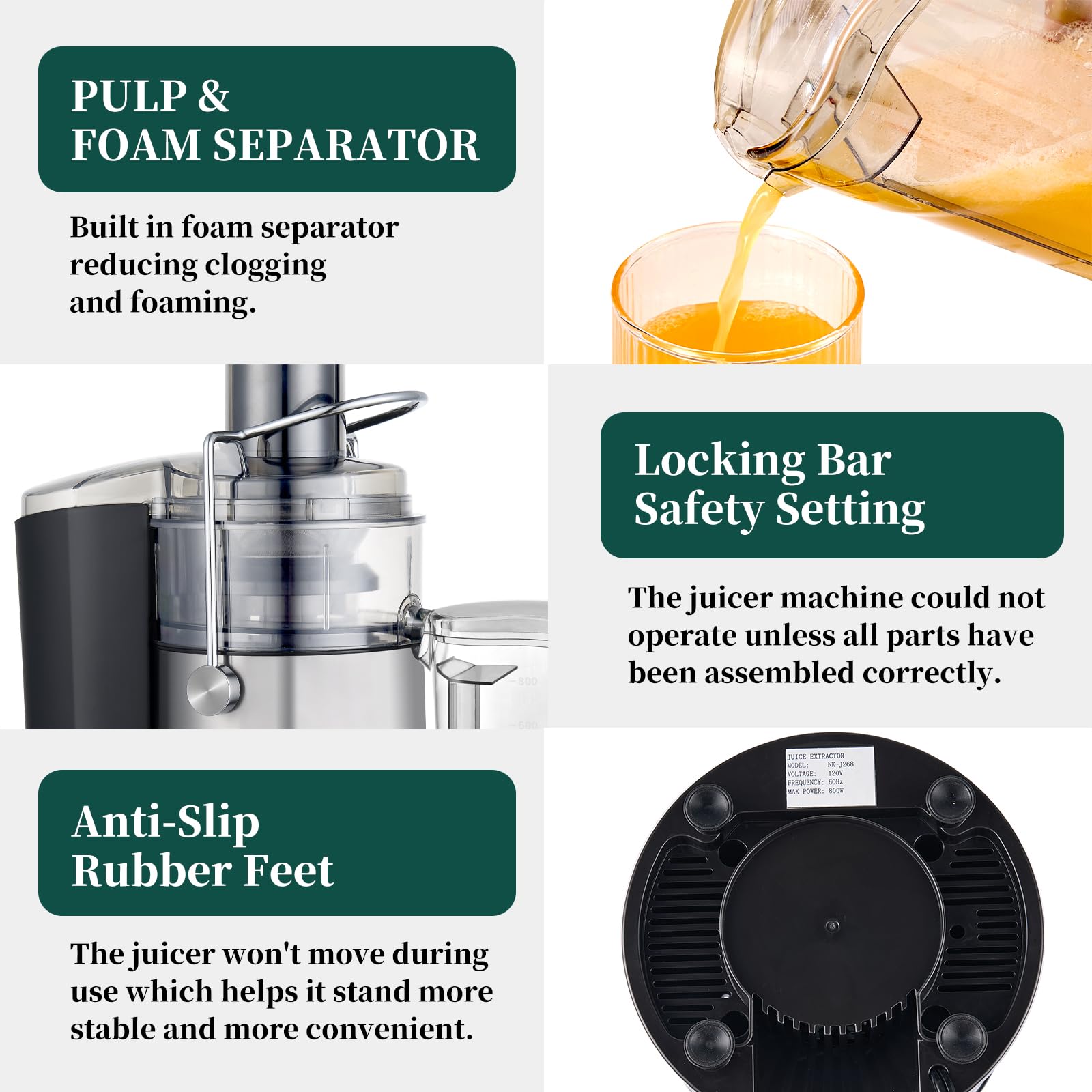Exprimidores centrífugos, extractor de jugo de 800 W con canal de alimentación extra grande de 2.8 pulgadas, motor de cobre completo, filtro chapado en titanio, alto rendimiento de jugo, doble 7