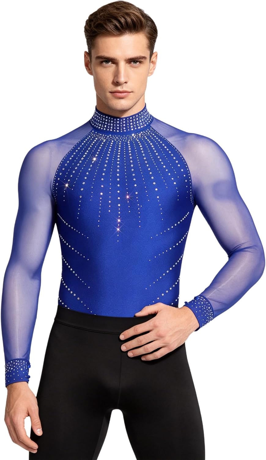 Men Figure Skating Leotard Sparkly Rhinestones Long Sleeve Latin Salsa Dance Performance Shirt