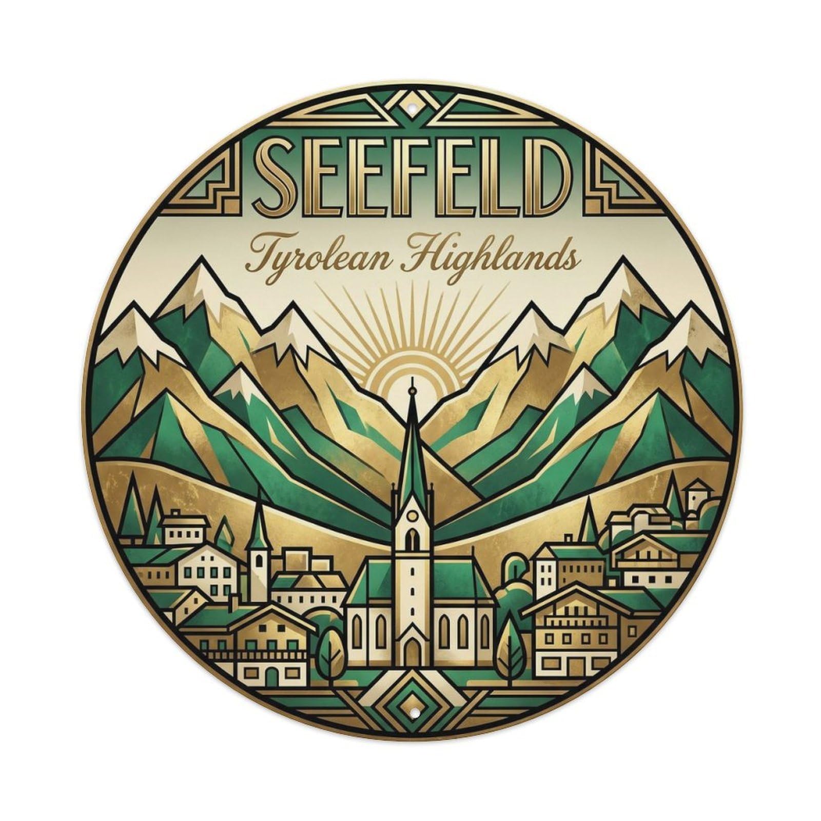 Seefeld Tyrolean Highlands Austria Vintage Travel Mountain Metal Tin Sign Plaque Wall Decor for Cafe, Man Cave, Club Bar, Office, Home Garden Round Metal Poster 8x8Inch